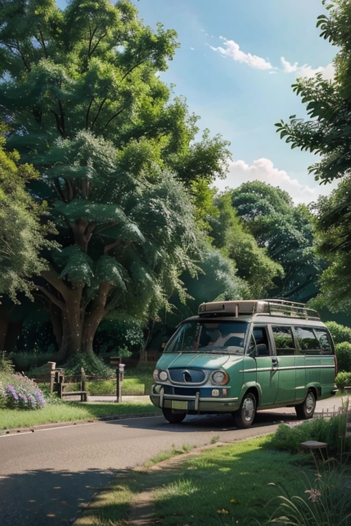 There is a van parked in a driveway with a tree in the background, studio ghibli artstyle, studio ghibli sky, studio ghibli art style, anime countryside landscape, studio ghibli landscape, ghibli artstyle, ghibli art style, studio ghibli sunlight, low detailed. digital painting, studio ghibli environment, ghibli vibe, anime landscape, detailed scenery (4k best quality)