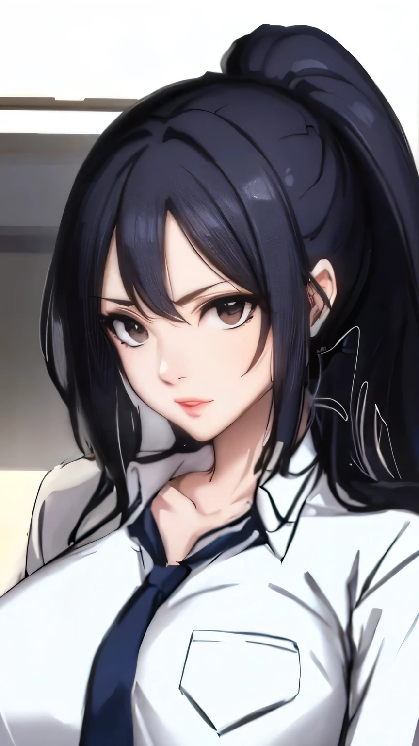 (best quality:1.5, highres, UHD, 4K, detailed lighting, ((ultra high quality)), ((ultra detail)), 1 girl solo, anime girl with ponytail and tie in a, black hair, anime moe artstyle, as an anime character, wearing , wearing a , nagatoro, an anime girl, cel shaded anime, wearing japanese , Ezra scarlet, beautiful anime high school girl, ((uniform high school)), wearing short sleeve white shirt white tie, female anime character, anime character, in an anime style, ((full body)), converse, converse high, (medium breasts), highly detailed face, cool, tomboy