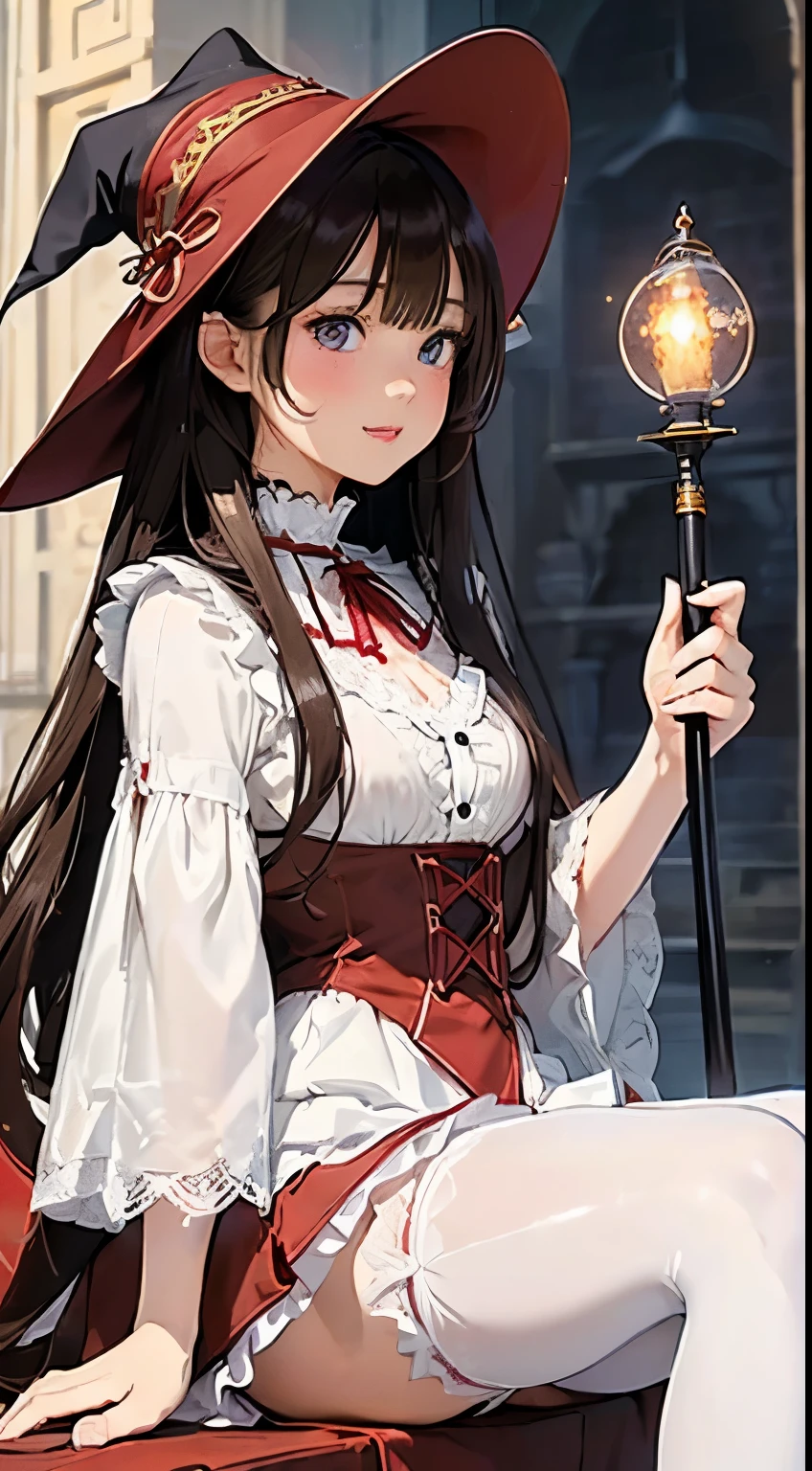 masterpiece, (highest quality), (Best illustrations), (Best Shadow), Dynamic Lighting, Written boundary depth, (Maximum resolution: 1.2), smile, Highly detailed face and skin texture, Delicate eyes, Dark blue eyes, double eyelid, Thin eyebrows, Glitter Eyeliner: 1.2, Natural Cheeks, White skin: 1.2, (Glossy Lips: 1.4), (19 years old),((Pure and cute girl:1.3)), (Wavy long hair), (Light brown hair:1.2), ((Very close relationship: 1.2)),((Victorian)),(((mage staff))),many books,lantern,((orgasm)), (((dark red mage dress))),((dark red healer hat)),((((white-darkred lace skirt)))),(mini skirt),wizard ta fashion,Embarrassed look,(((Big Breasts))),(((((cameltoe))))),(((Panty shot))),(((Sitting))),(((White panties)))