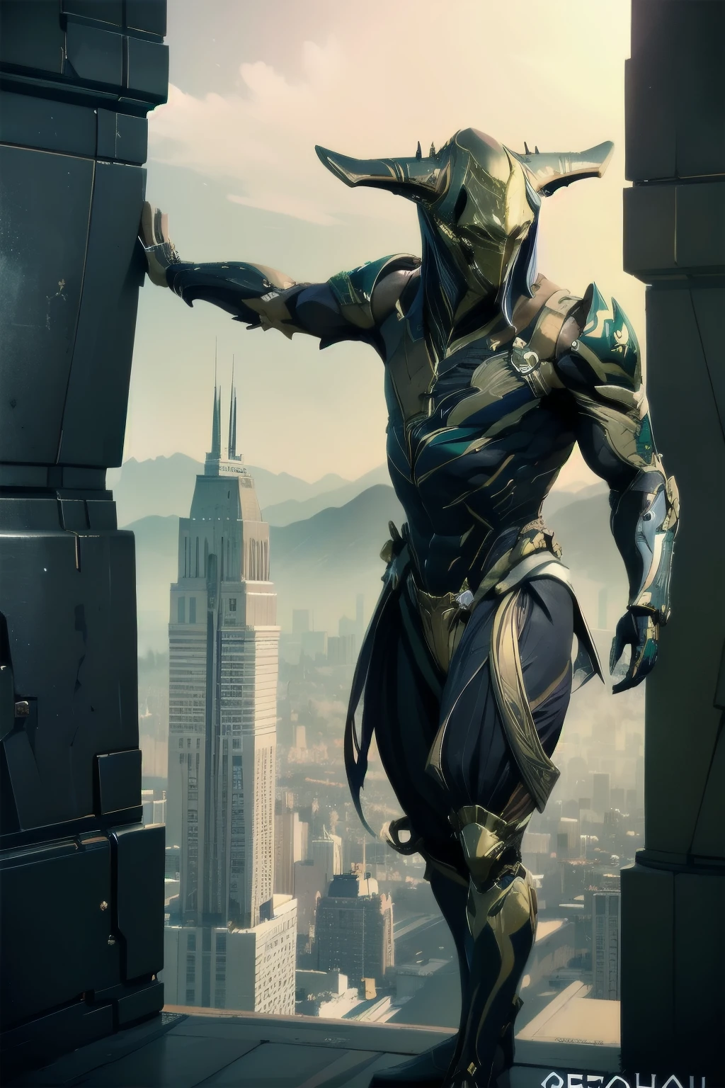 ((best quality)), ((masterpiece)), (detailed), Loki, giant towering over city, low-view angle