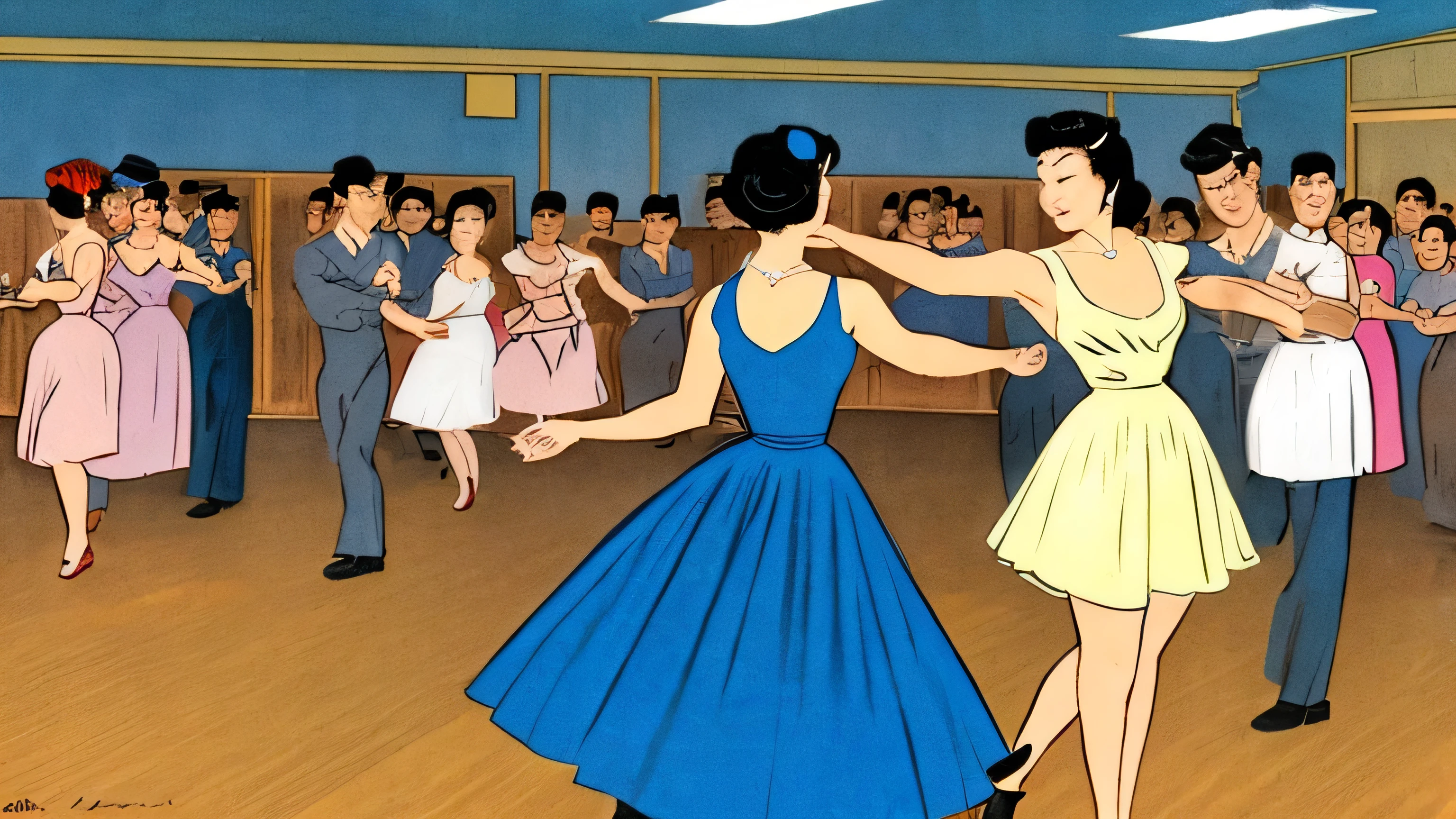 A US Navy soldier and an Okinawan woman dancing alone in a dance hall in the 1950s、Pastel color illustrations
