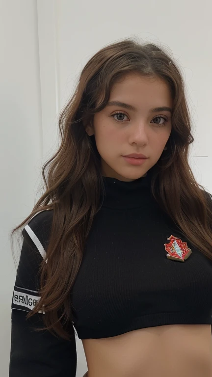 xoaeriel, a beautiful woman with brown wavy hair, ojos azules, nariz redonda, vistiendo un cohete de equipo,uniforme del equipo cohete,falda blanca,letra roja R,top corto,medias negras hasta el muslo,guantes negros hasta el codo,hiperealista
