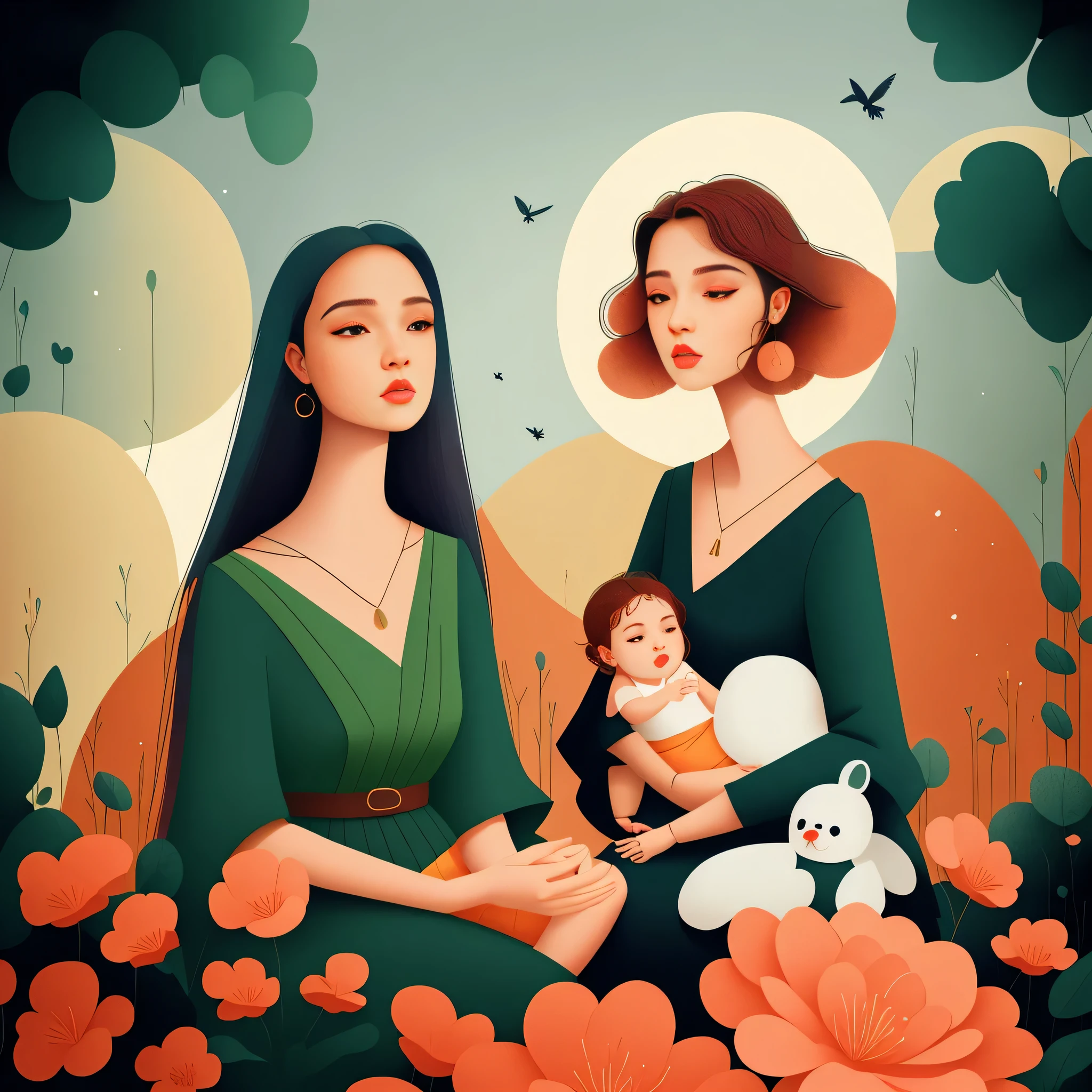 exquisite details, surreal atmosphere, ethereal beauty, vibrant colors, soft lighting, fantasy theme, mystical presence, delicate foliage, 1 beautiful woman and her baby, loose hair, intricate patterns, dreamlike quality, captivating look, flat illustration