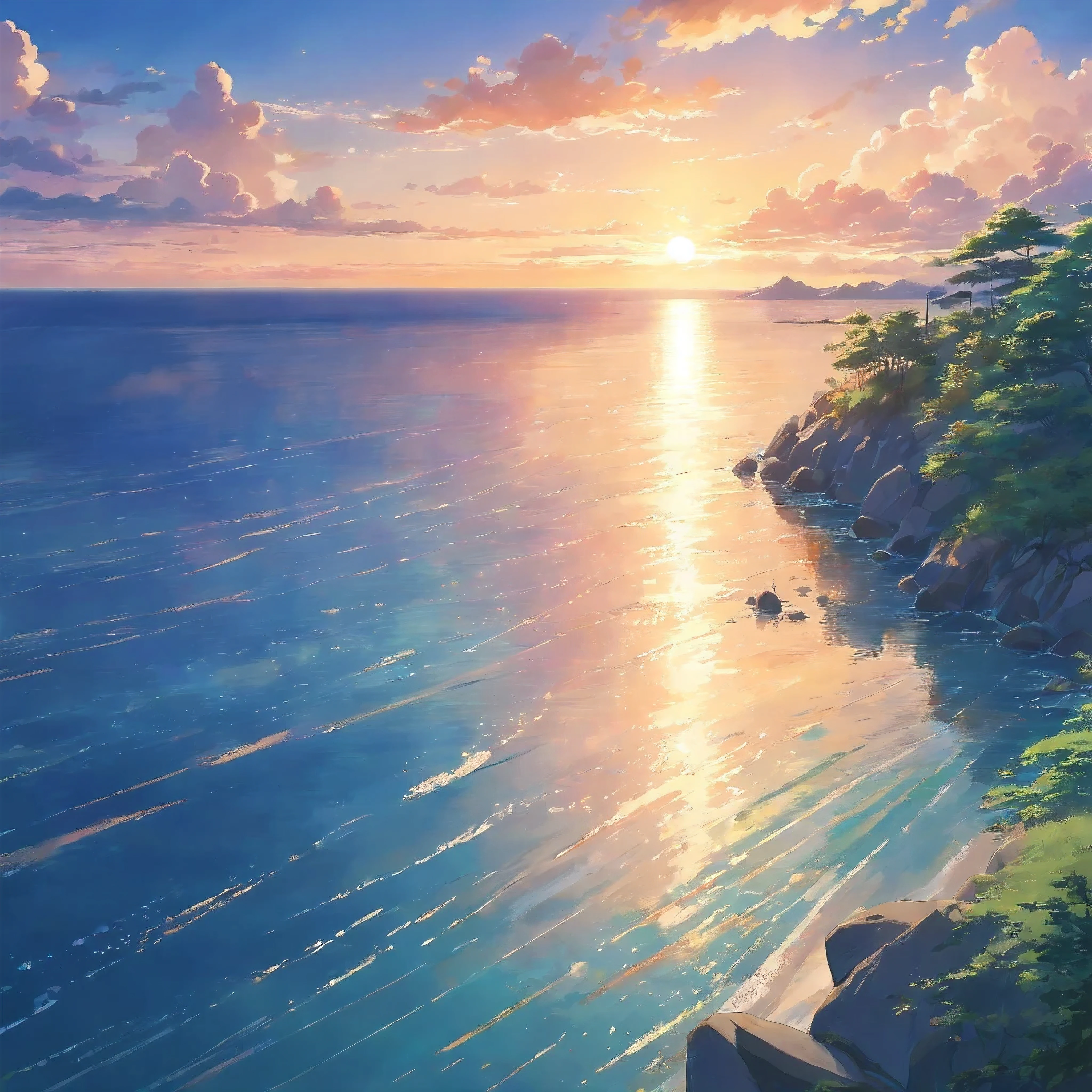(highest quality,4K,8k,High resolution,masterpiece:1.2),Very detailed,(Realistic,photoRealistic,photo-Realistic:1.37),Vibrant colors,Sunset at sea,reflection of sun rays,Spectacular Clouds,Dramatic Sky,Magnificent Horizon,Bright orange and purple hues,Serene atmosphere,peaceful and quiet scene,sunlight shining on water,Calm and calm atmosphere,Heavenly Beauty,With a touch of romance,mesmerizing view of the sunset,sea breeze,Majestic and awe-inspiring views,Peace and tranquility,Seamless transition from day to night,calm calm of the sea,Soft shining light illuminating the scene,peaceful and magical environment