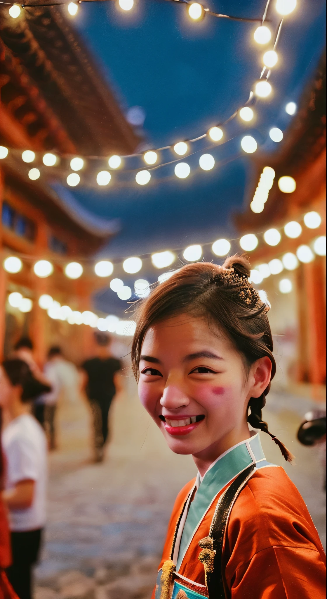 K-Pop Idols: 1.2, Mix 4, 1 Korean woman, 14 years old, (Thin eyebrows: 1.4), Sparkling brown eyes, Bunhead, Two braids tied together, Ancient Capital, Chinese monasteries, A tall mountain, Beautiful detailed sky, street (crowd:1.2), night, (Red nose), Hanfu, Happy, smile