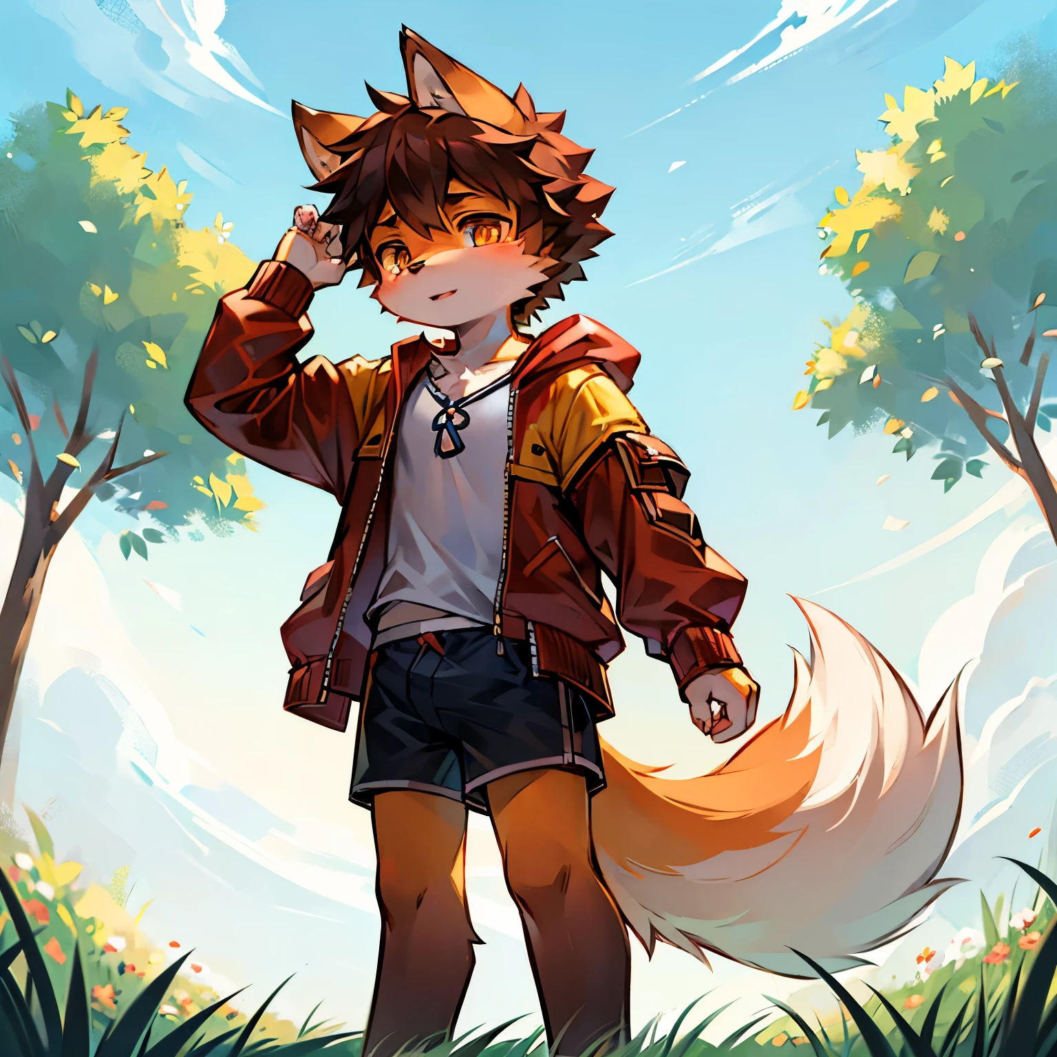 Fox Boy,furry men,Male focus,Furry Shota,Characteristics of three-year-old boy,Bright Eyes,One meter three height,Summer jacket with short sleeves,shorts,Standing,Grass bright background