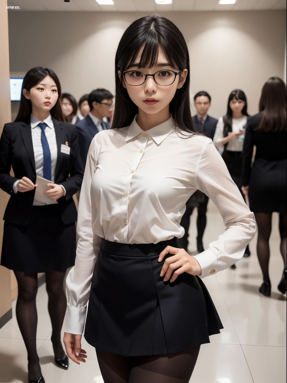 one person、solo、Flat Eyes、Confused eyes、Small breasts、20 year old office uniform OL、Flat Eyes、Confused eyes、body、whole body、True Face、Watching the audience,Looking at the front,Glare、sexy、victory、((Black Pantyhose))、Tsundere、Saucy、Single knot、OL、suit、Blue mini skirt、anger、Small、Glasses、Slim girl photo、body型:史上最Smallの美少女、Japanese women、(8K、RAW Photos、Highest quality、masterpiece:1.2)、(Real、Photorealistic:1.37)、Ultra high definition、Ultra high definition、Standing position、whole body、((((sexy)))