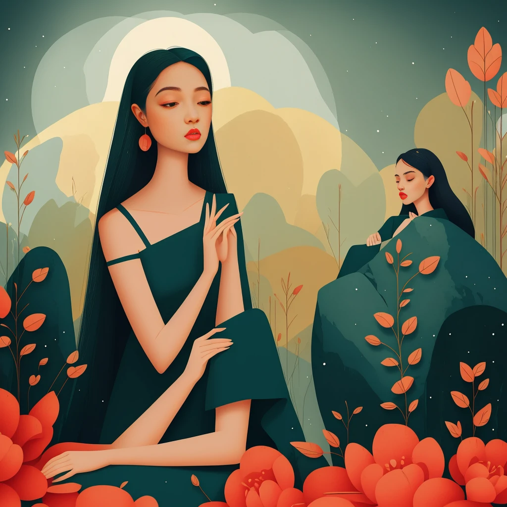 exquisite details, surreal atmosphere, ethereal beauty, vibrant colors, soft lighting, fantasy theme, mystical presence, delicate foliage, 1 beautiful old woman and her granddaughter, loose hair, intricate patterns, dreamlike quality, captivating look, flat illustration