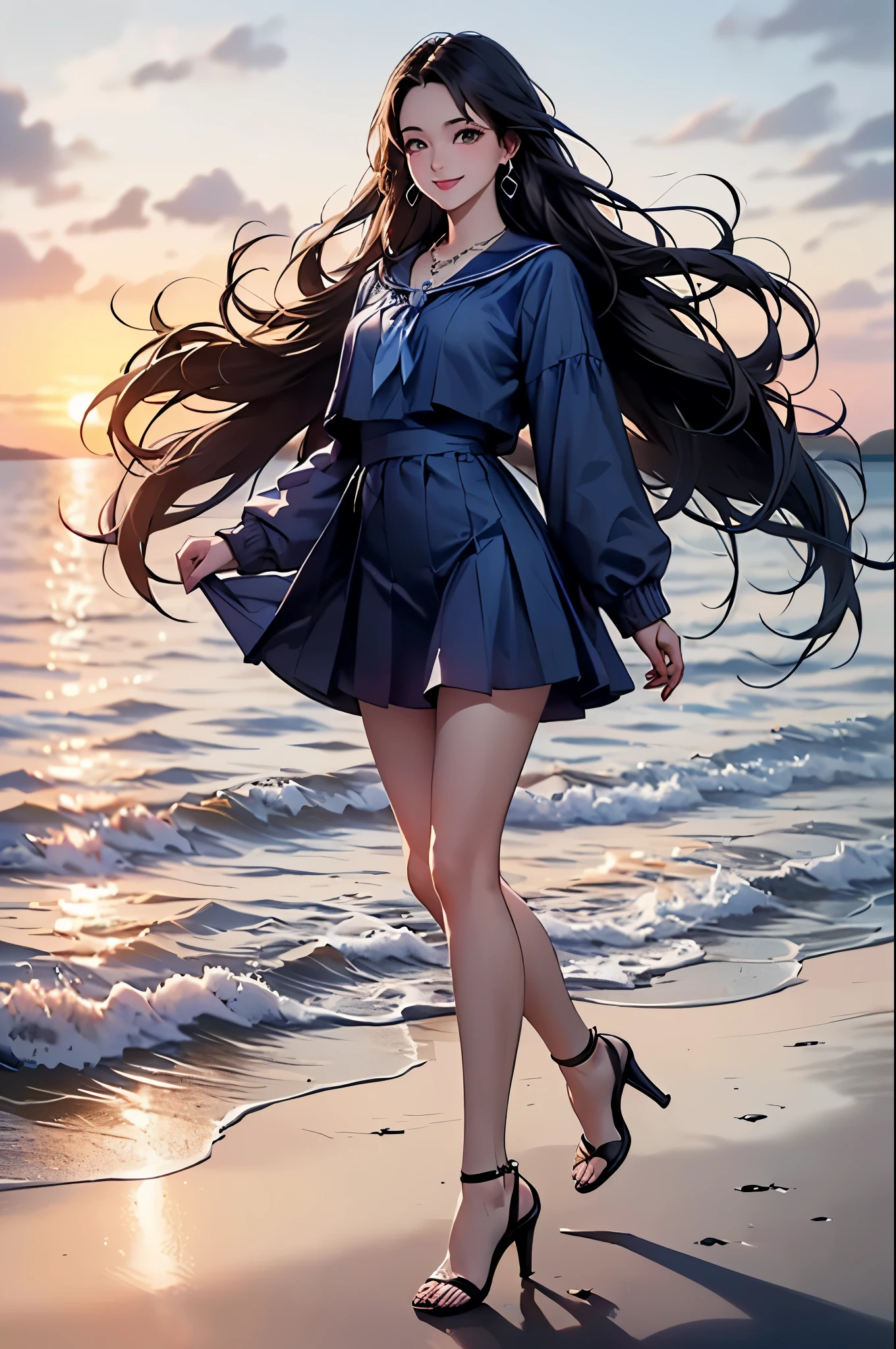 ((Biologically correct limb count))、((Full Body Shot, Full-body photo including face))、4K、masterpiece、((Focus on the face))、((Symmetrical facial features))、Eyes of meticulous depiction、Beautiful woman、Excellent style、Beautiful feet、(High heels)、Facial detailing、Small earrings、necklace、(JK、Navy blue sailor suit、Pleated skirt)、With the sunset over the sea as a backdrop、A big smile、Scene of walking on the beach、