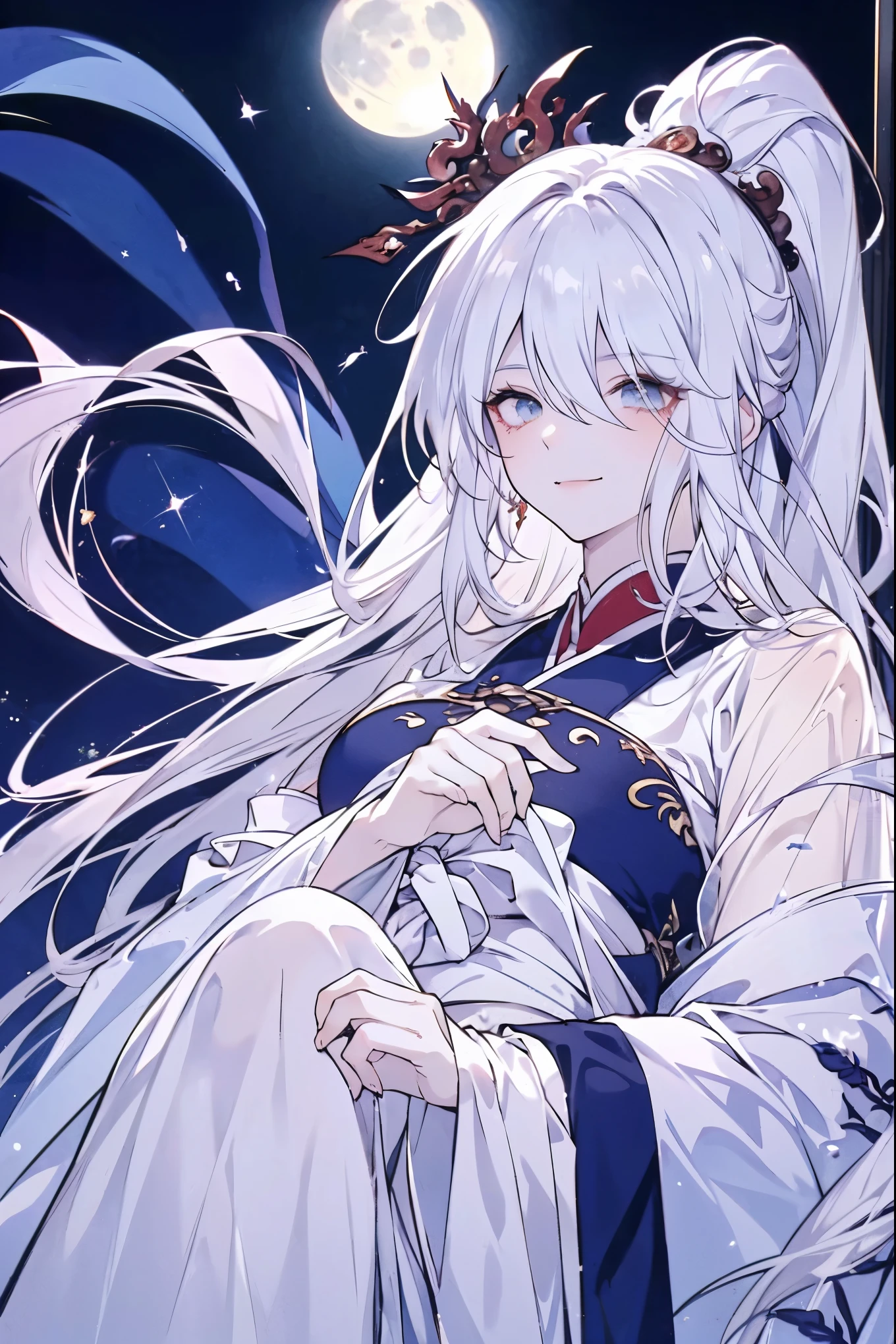 (masterpiece)，(Highest quality)，(Best details)，(High Definition)，(Beautiful works)，(Full body picture)，Chinese fantasy style，1girl,((white hair))，Black eyes，((White clothes))，(((Villain image))),(((Eyes sparkling in the moonlight))),(Sinister smile)