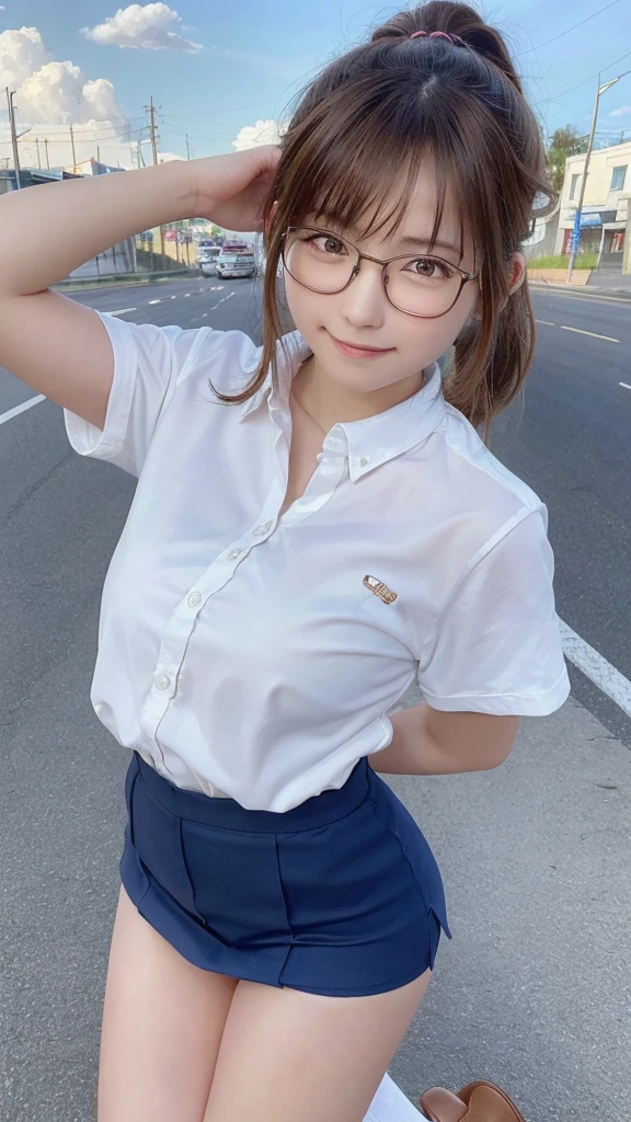 highest quality, masterpiece, 1 girl, Beautiful Face, (Photorealistic photography:1.3),  (Skin with attention to detail:1.2), 8K Ultra HD,High resolution, 4K, 8k,  Honors Type, Really blushing, , high school girl, Wearing a short-sleeved uniform:1.5, Windになびくミニスカート, loafers, Ponytail Brown hair, Glasses, smile,  Underarm,  Ultra-realistic, early morning, Wind, (Jumping high into the sky:1.3), On a busy public road, Disorganized