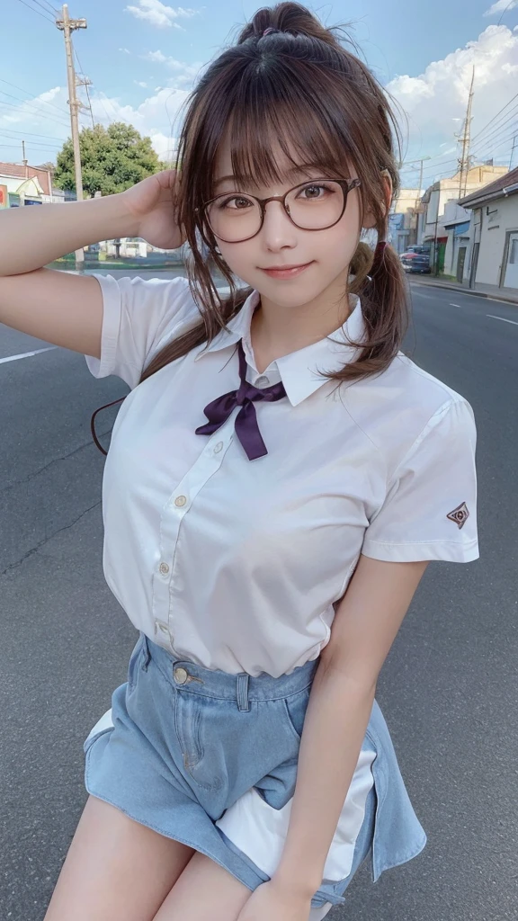 highest quality, masterpiece, 1 girl, Beautiful Face, (Photorealistic photography:1.3), (Skin with attention to detail:1.2), 8K Ultra HD,High resolution, 4K, 8k, Honors Type, Really blushing, , high school girl, Wearing a short-sleeved uniform:1.5, Windになびくミニスカート, loafers, Ponytail Brown hair, Glasses, smile, Underarm, Ultra-realistic, early morning, Wind, (Jumping high into the sky:1.3), On a busy public road, Disorganized