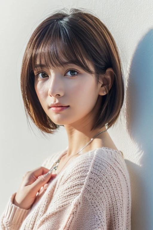 ((highest quality, 8K, masterpiece :1.3)), 1 girl, (bob hair、short hair,Taken in front of a white wall :1.2)、Shot in natural light、pastel cardigan :1.1, Angle from above、super detailed face, fine eyes,(Highly realistic photos, High resolution, detailed face, fine eyes)、japanese woman, 35 years old, Variety of facial expressions, alone:1, different hairstyles, casual clothes, Only one person appears in the photo、long sleeve dress、Shot in natural light、simple necklace、Spring clothes、Don't look at the camera、profile、Dark brown hair color