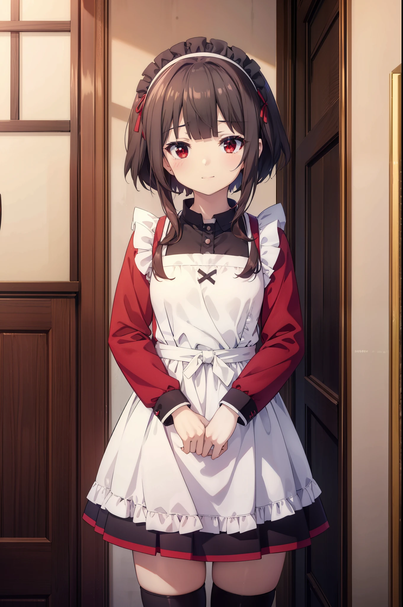 konosubaMegumin, Megumin, short hair, Black Hair, (Red eyes:1.3), short hair with long locks,skirtの裾を両手で持ち上げている,
headdress, Maid clothes,dress,ロングskirt,Black pantyhose,short boots, apron, 両手でskirtを持ち上げている,Looking at the audience, happy smile, smile, blush,Open your mouth,skirt, skirt lift, 自分で持ち上げる
break indoors, coffee shop,
break looking at viewer, (Cowboy Shot:1.5),
break (masterpiece:1.2), highest quality, High resolution, unity 8k wallpaper, (shape:0.8), (Fine and beautiful eyes:1.6), Highly detailed face, Perfect lighting, Highly detailed CG, (Perfect hands, Perfect Anatomy),