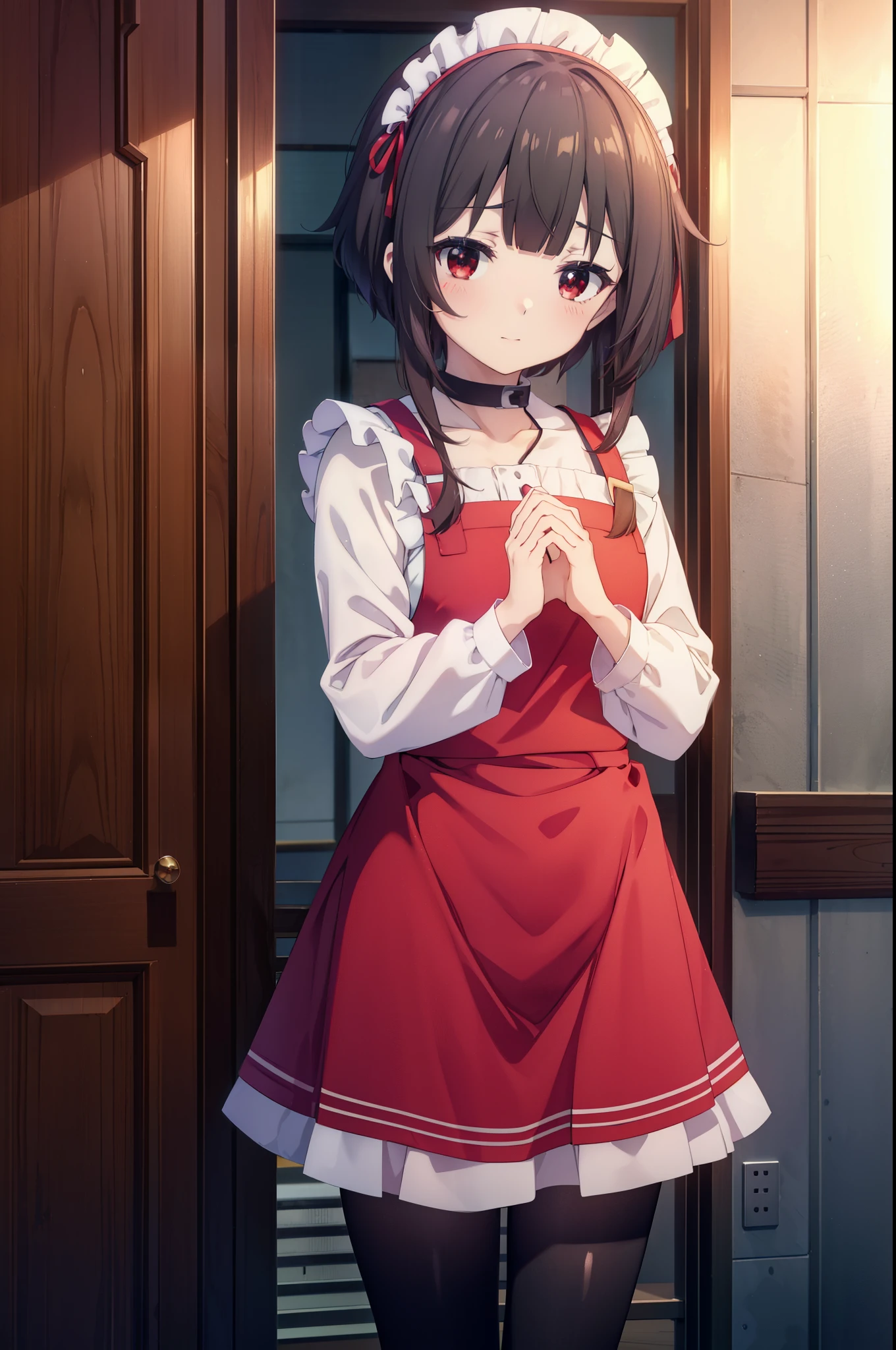 konosubaMegumin, Megumin, short hair, Black Hair, (Red eyes:1.3), short hair with long locks,skirtの裾を両手で持ち上げている,
headdress, Maid clothes,dress,ロングskirt,Black pantyhose,short boots, apron, 両手でskirtを持ち上げている,Looking at the audience, happy smile, smile, blush,Open your mouth,skirt, skirt lift, 自分で持ち上げる
break indoors, coffee shop,
break looking at viewer, (Cowboy Shot:1.5),
break (masterpiece:1.2), highest quality, High resolution, unity 8k wallpaper, (shape:0.8), (Fine and beautiful eyes:1.6), Highly detailed face, Perfect lighting, Highly detailed CG, (Perfect hands, Perfect Anatomy),