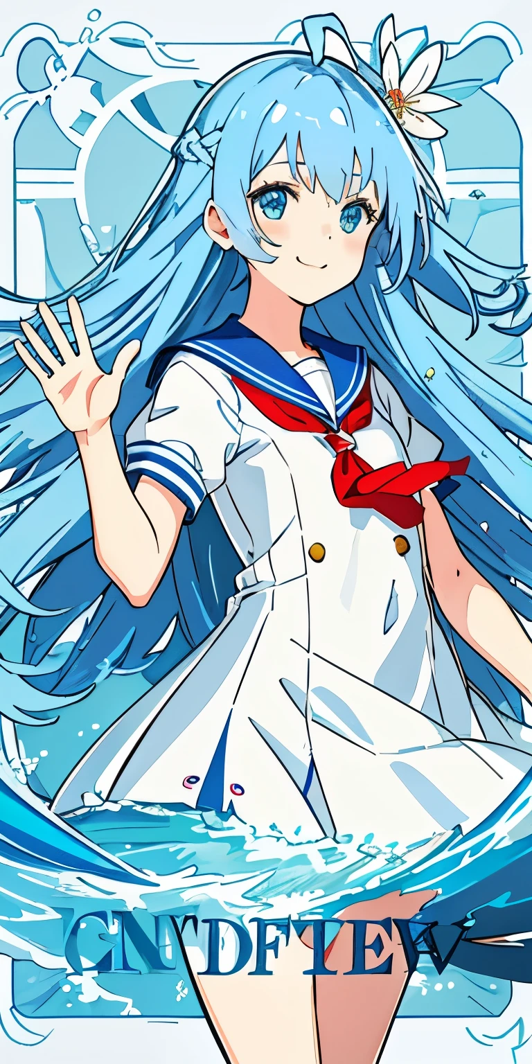 Flat style,Soft tones,hazy,Female high school student,cute,Blue Hair,Shoulder-length hair,Blue Eyes,Red hairpin,The turn of spring and summer,Smile gently,Waving to the distance,White sailor suit,More details,School,Conservative