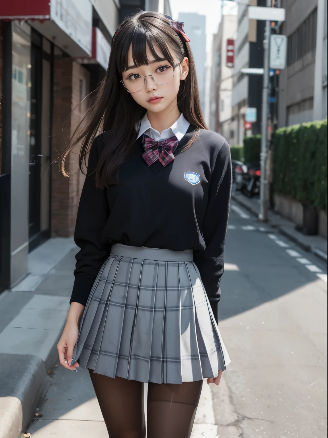 (Underwear is visible)、((Narrow-eyed))、((Narrow-eyed))、((Narrow-eyed))、(8K、Raw photography、top-quality、masterpiece:1.2),((small tits))、((small tits))、((small tits))、((small tits))、((small tits))、((A-cup))、((A-cup))、((A-cup))、((A-cup))、((A-cup))、Has a small、(flat breast)、(flat breast)、(flat breast)、(flat breast)、(flat breast)、(being thin)、light skinned、skin whitening、Dark look、Rasping,glamor,Chromo-white skin,cocky,School,watching at viewers,Looking at the front,Muchimuchi,High-pitched clothing,Erotic,Pupils,de pele branca,kne,((Black pantyhose)),absurderes,a small face,,Forehead visible,Bangs hanging from the left and right sides of the forehead,(a cold expression,Tight eyes,glares,Bullish,irate)、masterpiece,top-quality、超A high resolution,Raw photo,ren,Beautiful fece,One Person, solo,eye glass,,Dark look,Small breasts,fullllbody,Round glasses,JK ,hi-school girl,A Japanese Lady,is standing,(Photorealsitic:1.37)、Photon mapping,Realistic、Beautie,Cute little face,Brown-eyed、Black socks、(Red bow tie)、Radio City、Physically Based Rendering、depth of fields、Blurry background、a picture,Body,beauty legs, Long legs, Thin leg,(Bangs are visible), hair, s lips, Blue_The eye, nosesoft,(Light blue shirt), (Navy and blue and white plaid pleated skirt), Knees are visible,Sheer clothing,, Thigh, Black cotton socks,Nogizaka Idol, , Japanese ido
