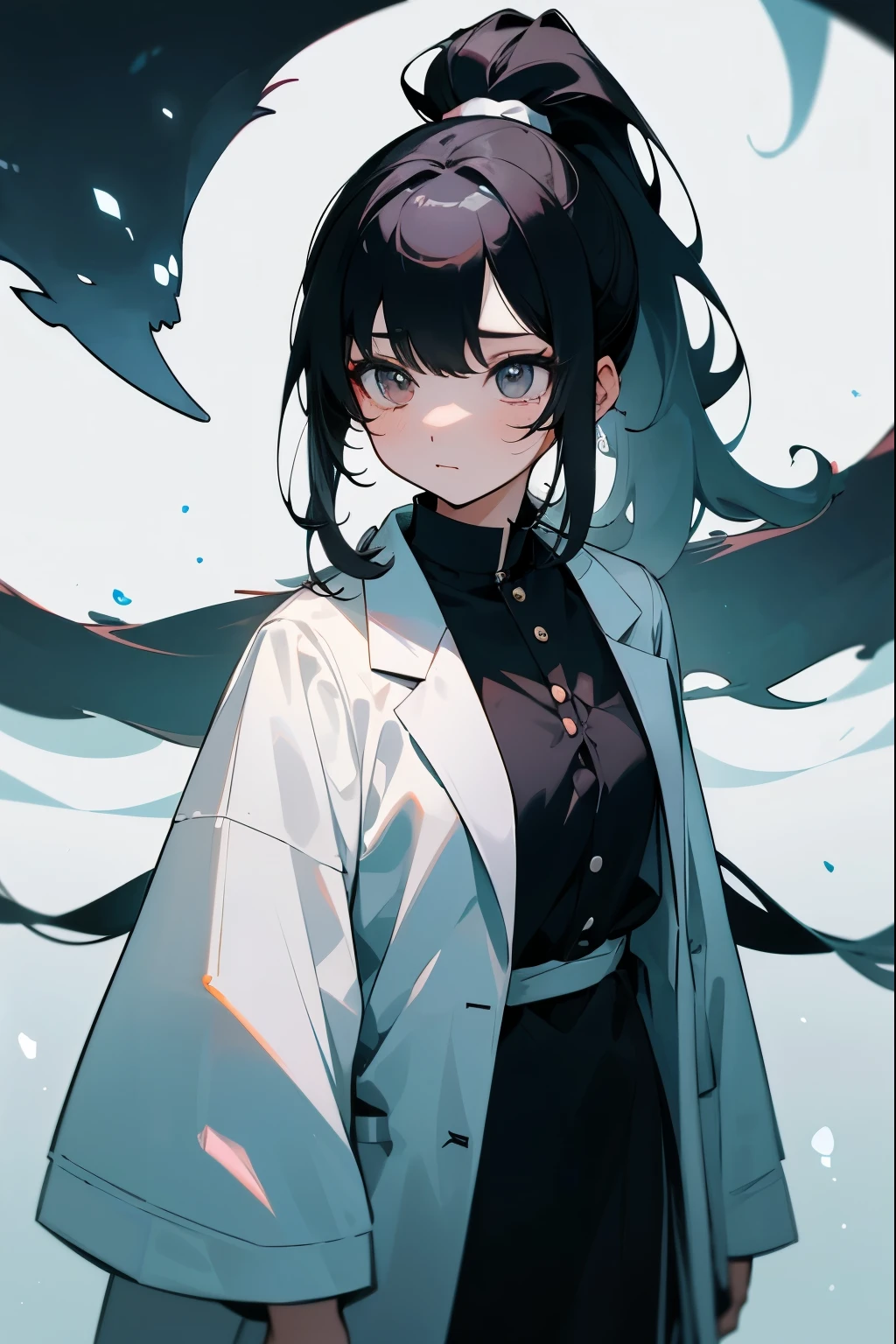 woman，24 years old。calm。rational。Wearing a white shirt，The outside is casually matched with a white lab coat.。flat chest。Black long hair，Single Ponytail。深沉calm纯黑色眼睛。Gives a sense of otherworldliness。Look up