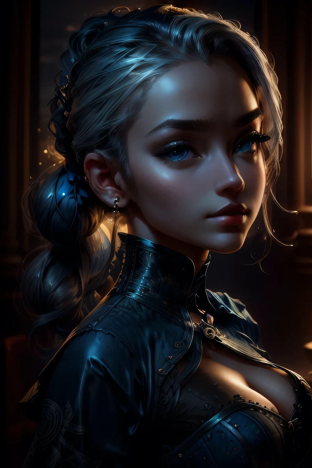 ((blue corset dress)), (最high quality, masterpiece: 1.2), 超High resolution, Realistic, Front lighting, Intricate details, Exquisite detail and texture, Body Portrait, One Girl, alone, (young), Facial highlights, Upper Body, Detailed face, Shiny skin, Silver Hair, ponytail, Braid, Look Viewer, Big eyes, ((blue corset dress) ), Earrings, Large Breasts, The body is slim, Beautiful background (City Hotel Room: 1.2), Window Edge, Professional Lighting, Photon Mapping, Radio City, Physically Based Rendering, ((Hair tied up on top of the head)), Huge, {{{masterpiece, 最high quality, figure,game_CG}}}}, (Hair tied up on top of the head), sexy, Cinematic, Beautiful background, Body Portrait､masterpiece, 最high quality, high quality, High resolution,((Face close-up))
