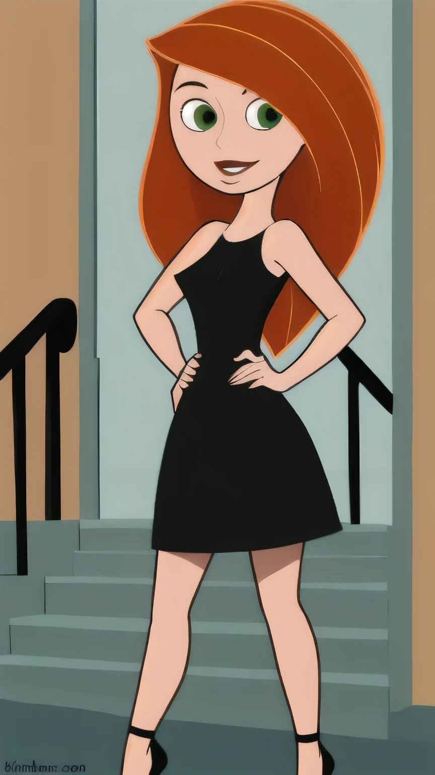 (masterpiece, best quality:1.3), 1girl, looking at viewer, kimberly ann possible, red lips, upper body, standing, collarbone, bare shoulders, blush, colored skin, orange hair, long hair, absurdly long hair, green eyes, medium breasts, (skindentation:1.2), short strapless black dress, (black dress:1.2), indoors, hands on hips, pantyhose, red high heels, smile