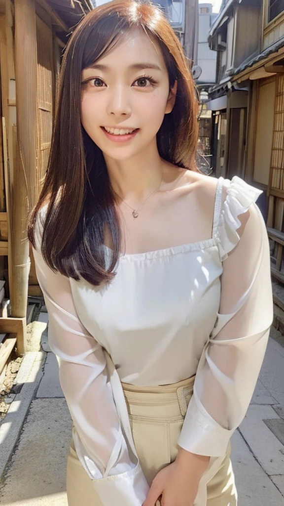 ((Top Quality)), ((8K)), ((Masterpiece: 1.3)), (Perfect Appearance), (Photorealism: 1.6), (Japanese woman standing in an old Japanese townscape: 1.6), (Kyoto), (clear background), japanese woman, (48 years old), ((Standing upright, facing forward, center of screen)), ((Realistic skin texture)), (Fine wrinkles throughout the skin: 1.3), (Dull skin: 1.1), (Skin without moisture: 1.2) , (Wrinkles on the face: 0.9), (Wrinkles on the corners of the eyes: 1.2), Double eyelids, tear bags on the lower eyelids, (Crying moles: 0.9), The eyes are looking here, serious gaze, (Dimples: 1.2), smile with the corners of the mouth raised wide, straight medium length, soft fabric blouse, (through white blouse: 1.3), (Plump and glamorous body), (wide sleeves), (Cuffs that fit your wrist), (The hem of the blouse is tucked into the skirt: 1.2), flare skirt, high heels, (focus on upper body: 1.3), (low angle: 1.4),
