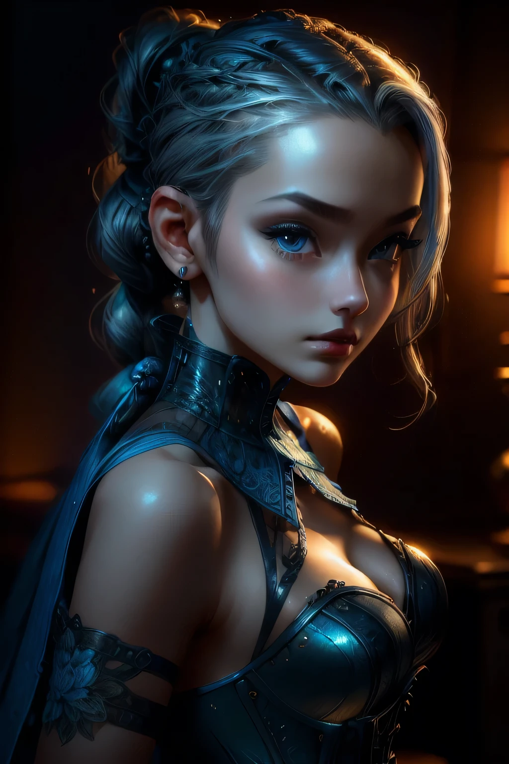 ((blue corset dress)), (最high quality, masterpiece: 1.2), 超High resolution, Realistic, Front lighting, Intricate details, Exquisite detail and texture, Body Portrait, One Girl, alone, (young), Facial highlights, Upper Body, Detailed face, Shiny skin, Silver Hair, ponytail, Braid, Look Viewer, Big eyes, ((blue corset dress) ), Earrings, Large Breasts, The body is slim, Beautiful background (City Hotel Room: 1.2), Window Edge, Professional Lighting, Photon Mapping, Radio City, Physically Based Rendering, ((Hair tied up on top of the head)), Huge, {{{masterpiece, 最high quality, figure,game_CG}}}}, (Hair tied up on top of the head), sexy, Cinematic, Beautiful background, Body Portrait､masterpiece, 最high quality, high quality, High resolution,((Face close-up))