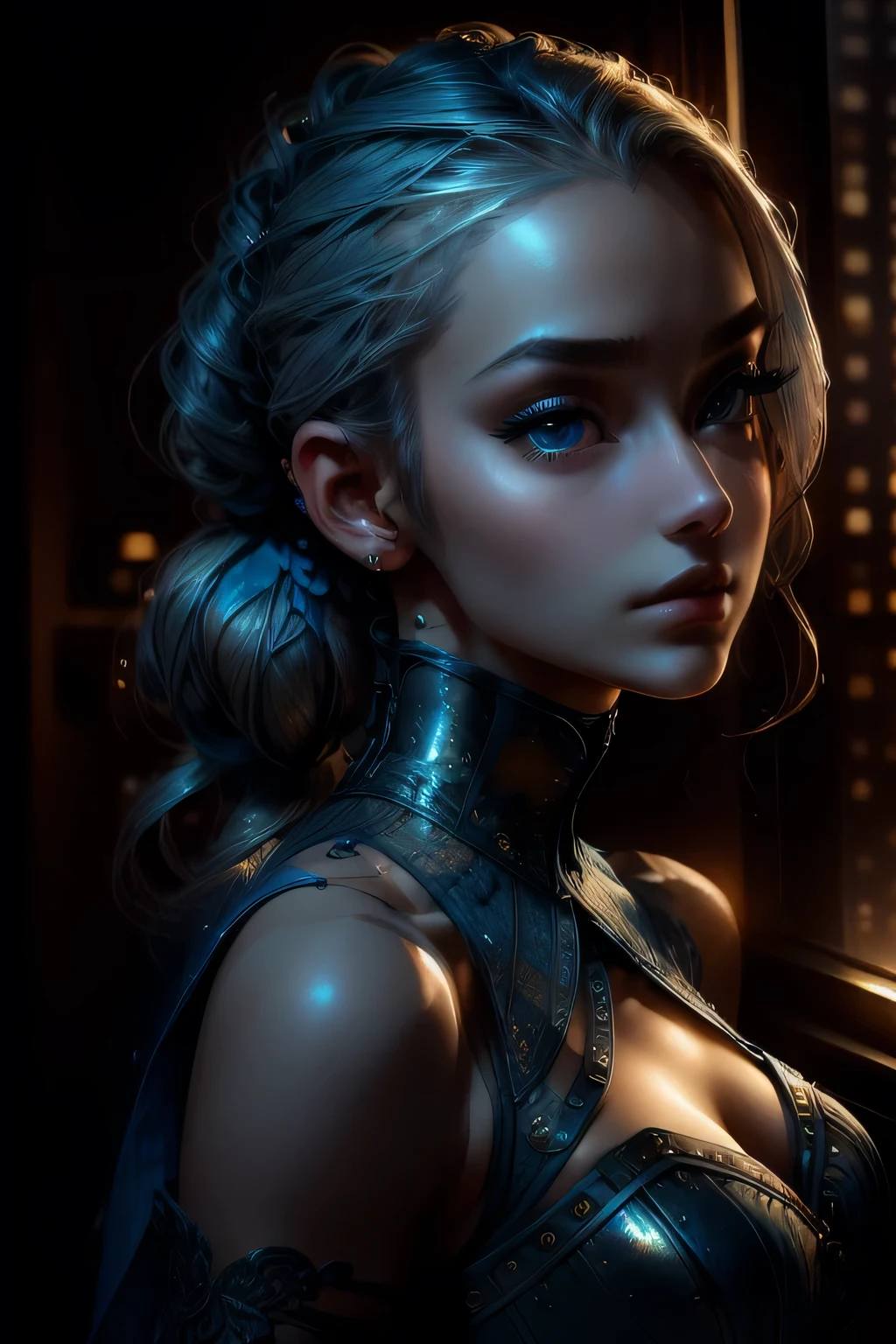 ((blue corset dress)), (最high quality, masterpiece: 1.2), 超High resolution, Realistic, Front lighting, Intricate details, Exquisite detail and texture, Body Portrait, One Girl, alone, (young), Facial highlights, Upper Body, Detailed face, Shiny skin, Silver Hair, ponytail, Braid, Look Viewer, Big eyes, ((blue corset dress) ), Earrings, Large Breasts, The body is slim, Beautiful background (City Hotel Room: 1.2), Window Edge, Professional Lighting, Photon Mapping, Radio City, Physically Based Rendering, ((Hair tied up on top of the head)), Huge, {{{masterpiece, 最high quality, figure,game_CG}}}}, (Hair tied up on top of the head), sexy, Cinematic, Beautiful background, Body Portrait、masterpiece, 最high quality, high quality, High resolution,((Face close-up))