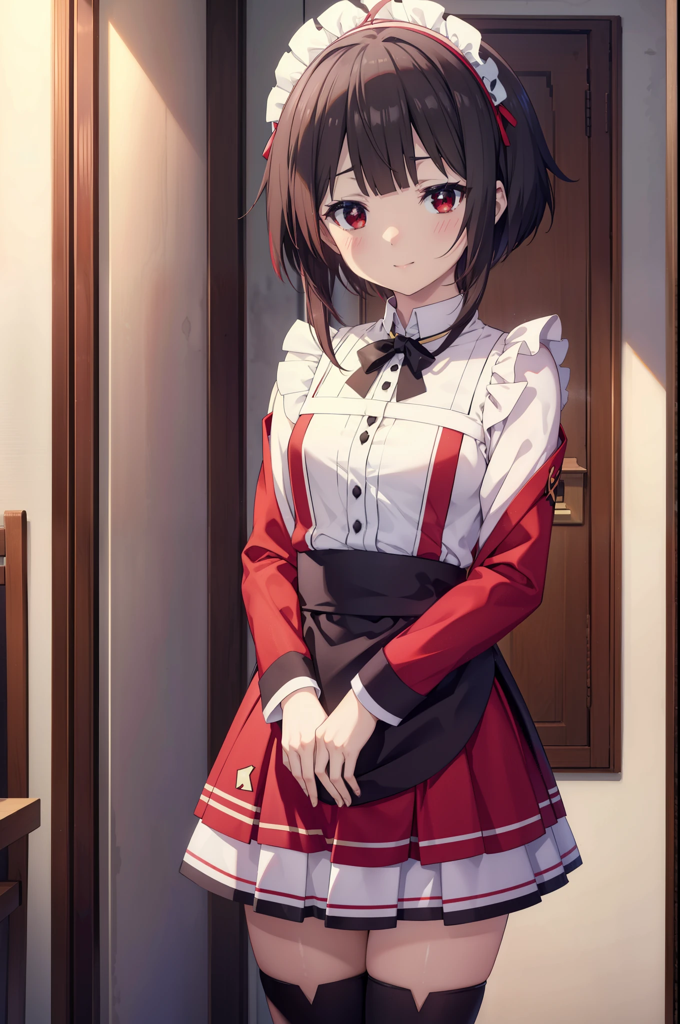 konosubaMegumin, Megumin, short hair, Black Hair, (Red eyes:1.3), short hair with long locks,skirtの裾を両手で持ち上げている,
headdress, Maid clothes,dress,ロングskirt,Black pantyhose,short boots, apron, 両手でskirtを持ち上げている,Looking at the audience, happy smile, smile, blush,Open your mouth,skirt, skirt lift, 自分で持ち上げる
break indoors, coffee shop,
break looking at viewer, (Cowboy Shot:1.5),
break (masterpiece:1.2), highest quality, High resolution, unity 8k wallpaper, (shape:0.8), (Fine and beautiful eyes:1.6), Highly detailed face, Perfect lighting, Highly detailed CG, (Perfect hands, Perfect Anatomy),