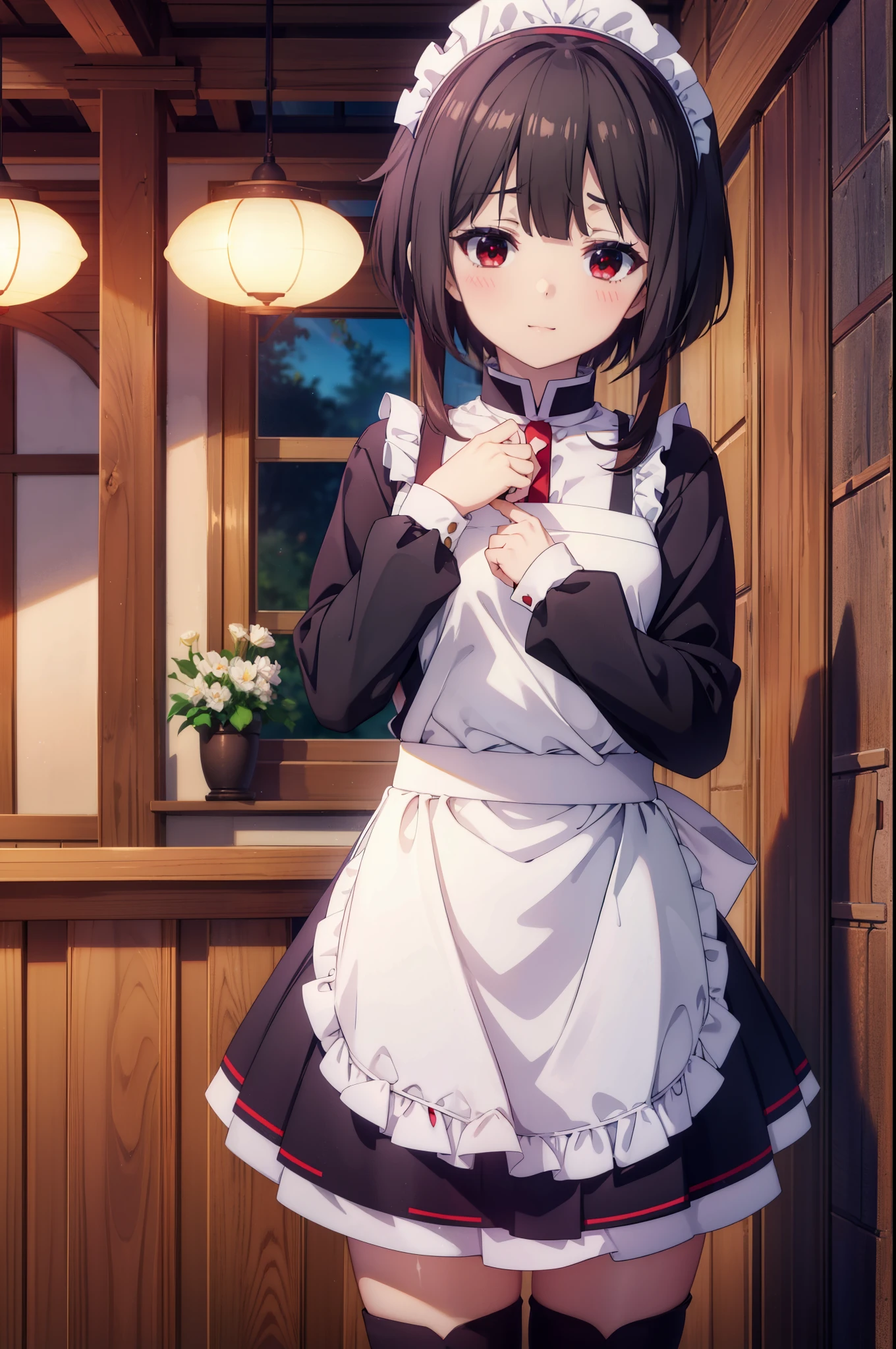 konosubaMegumin, Megumin, short hair, Black Hair, (Red eyes:1.3), short hair with long locks,skirtの裾を両手で持ち上げている,
headdress, Maid clothes,dress,ロングskirt,Black pantyhose,short boots, apron, 両手でskirtを持ち上げている,Looking at the audience, happy smile, smile, blush,Open your mouth,skirt, skirt lift, 自分で持ち上げる
break indoors, coffee shop,
break looking at viewer, (Cowboy Shot:1.5),
break (masterpiece:1.2), highest quality, High resolution, unity 8k wallpaper, (shape:0.8), (Fine and beautiful eyes:1.6), Highly detailed face, Perfect lighting, Highly detailed CG, (Perfect hands, Perfect Anatomy),