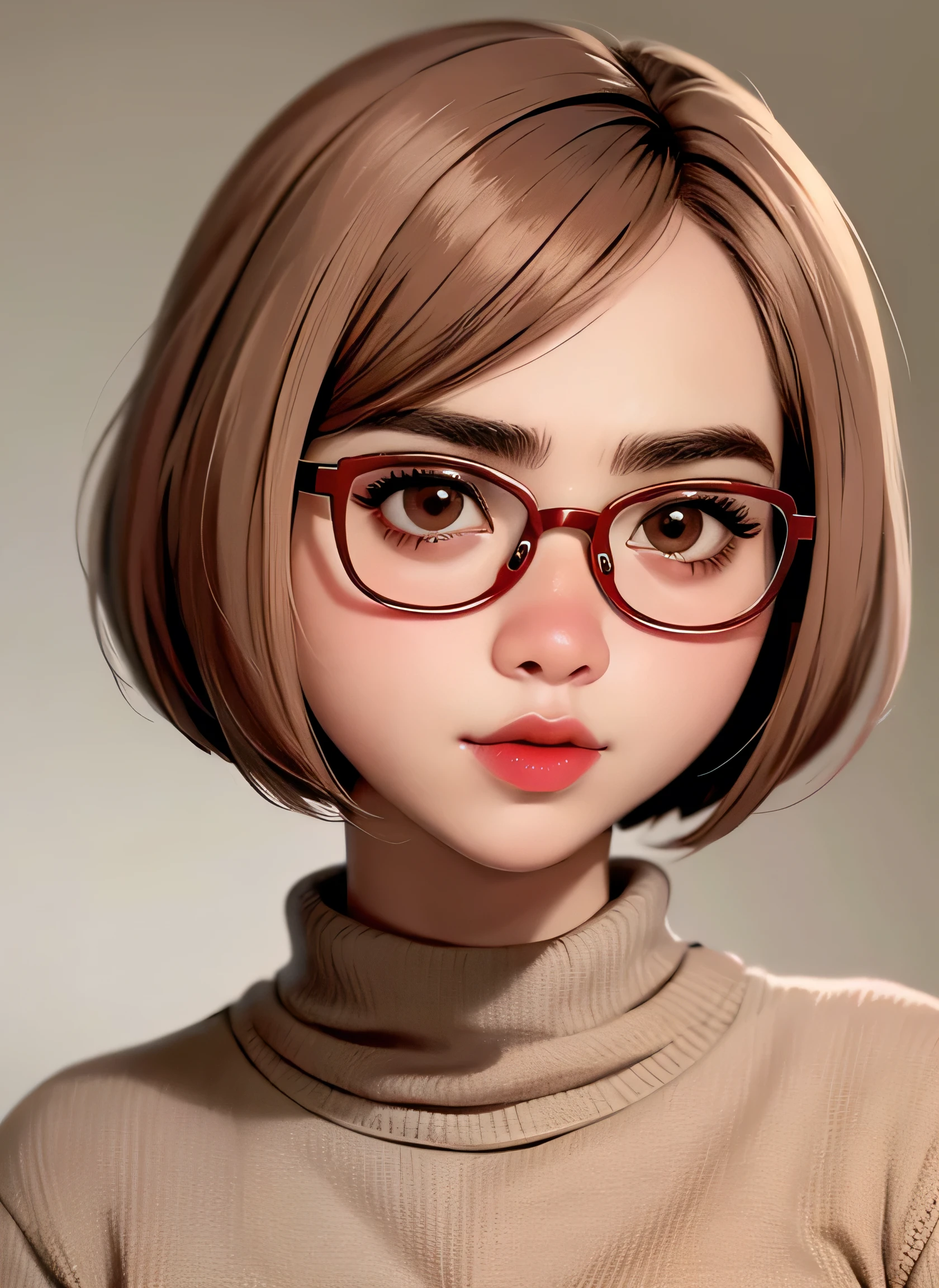 best quality, cartoon_portrait, 1girl, solo, looking at viewer, short hair, simple background, brown hair, bob cut, brown eyes, closed mouth, glasses, sweater, lips, swept bangs, brown background, red lips, 