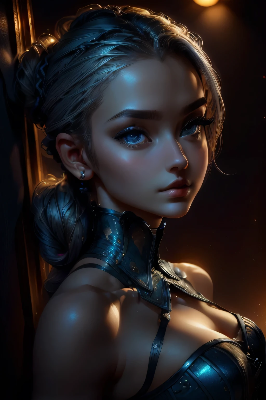 ((blue corset dress)), (最high quality, masterpiece: 1.2), 超High resolution, Realistic, Front lighting, Intricate details, Exquisite detail and texture, Body Portrait, One Girl, alone, (young), Facial highlights, Upper Body, Detailed face, Shiny skin, Silver Hair, ponytail, Braid, Look Viewer, Big eyes, ((blue corset dress) ), Earrings, Large Breasts, The body is slim, Beautiful background (City Hotel Room: 1.2), Window Edge, Professional Lighting, Photon Mapping, Radio City, Physically Based Rendering, ((Hair tied up on top of the head)), Huge, {{{masterpiece, 最high quality, figure,game_CG}}}}, (Hair tied up on top of the head), sexy, Cinematic, Beautiful background, Body Portrait､masterpiece, 最high quality, high quality, High resolution,((Face close-up))