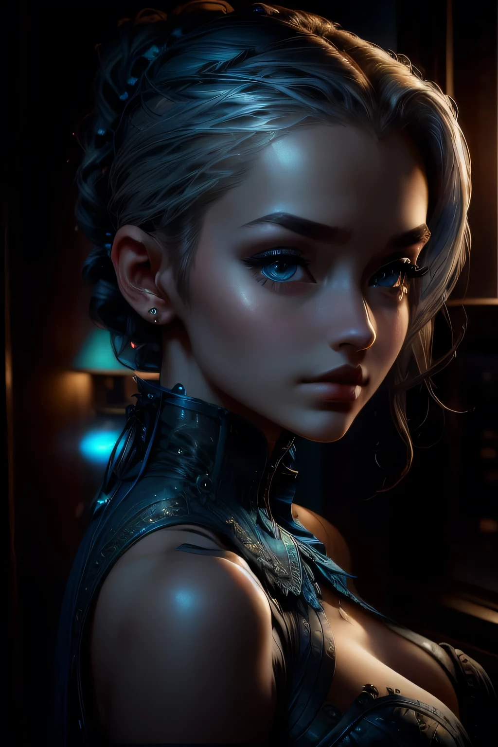 ((blue corset dress)), (最high quality, masterpiece: 1.2), 超High resolution, Realistic, Front lighting, Intricate details, Exquisite detail and texture, Body Portrait, One Girl, alone, (young), Facial highlights, Upper Body, Detailed face, Shiny skin, Silver Hair, ponytail, Braid, Look Viewer, Big eyes, ((blue corset dress) ), Earrings, Large Breasts, The body is slim, Beautiful background (City Hotel Room: 1.2), Window Edge, Professional Lighting, Photon Mapping, Radio City, Physically Based Rendering, ((Hair tied up on top of the head)), Huge, {{{masterpiece, 最high quality, figure,game_CG}}}}, (Hair tied up on top of the head), sexy, Cinematic, Beautiful background, Body Portrait、masterpiece, 最high quality, high quality, High resolution,((Face close-up))