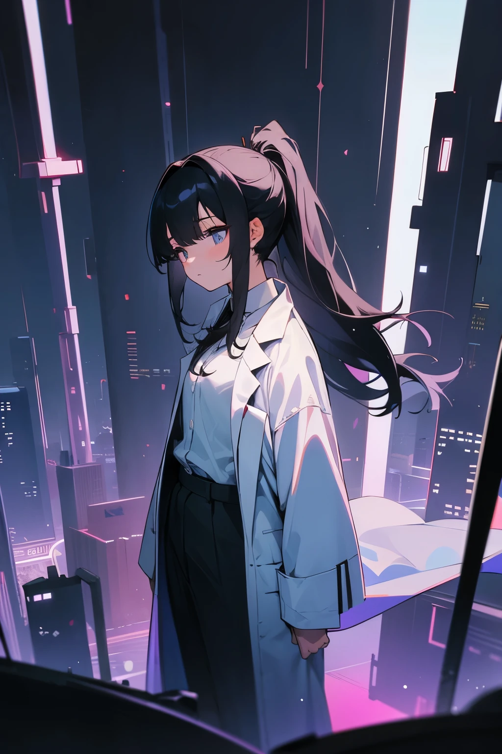 
woman，24 years old。calm。rational。Wearing a white shirt，The outside is casually matched with a white lab coat.。flat chest。Black long hair，Single Ponytail。深沉calm纯黑色眼睛。Gives a sense of otherworldliness。Standing on the top of a tall building，Behind is the city with bright lights at night

