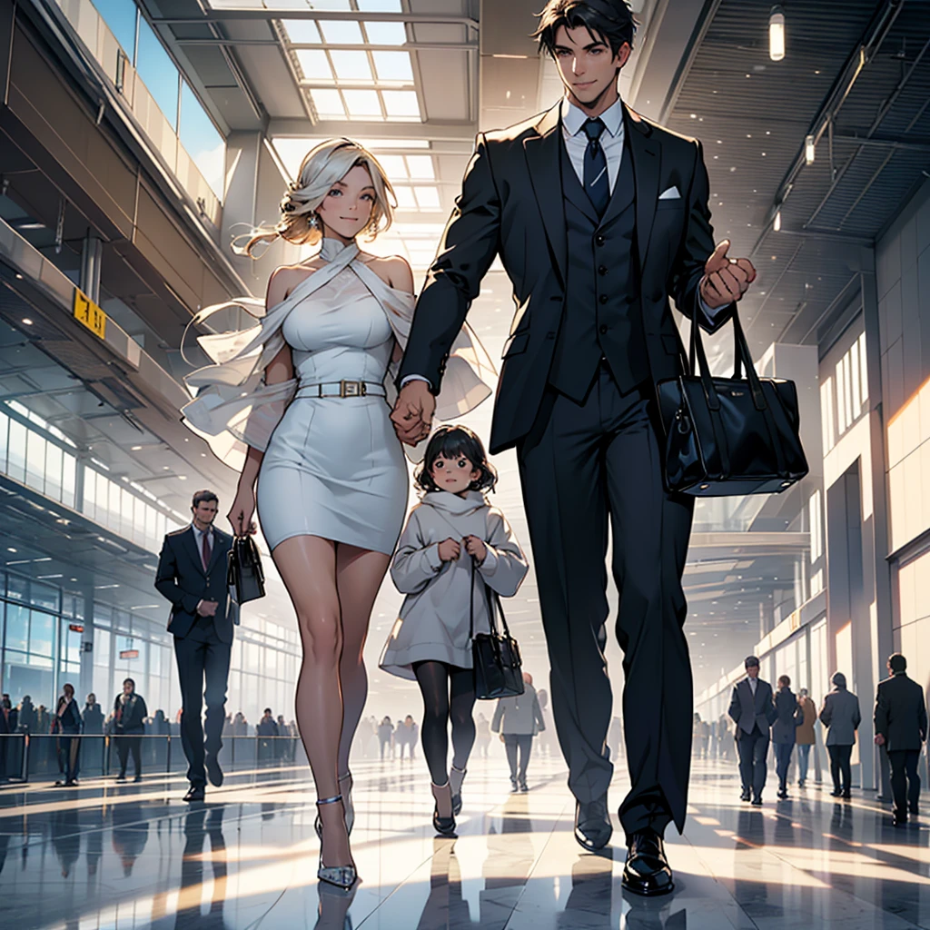 (Best quality, high resolution)

Constantine's reincarnation form, taking the shape of a modern, successful businessman, is standing in a bustling airport, surrounded by the bright and clear space of the terminal. The romantic atmosphere is filled with soft sunlight filtering through the crystalline glass panels, casting dramatic shadows on the polished marble floors. The crisp air carries the distant sounds of an orchestra playing softly in the background, setting the scene for a heartwarming reunion.

A cute woman, her beautifully styled hair cascading over her shoulders, is walking towards him with a joyful smile on her face. Her eyes sparkle with happiness as she approaches, and her fashion