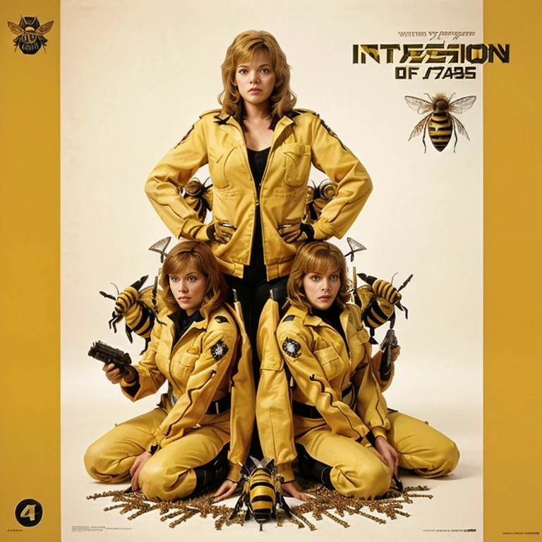 a poster for Intrusion of the bee girls, John Maggs, Art by Roy Dalgarno, based on bumblebee, 1 9 7 0 SFmovie, movie, Intrusion, Album cover, (bee), [ movieのような, music Album cover, made of bees, movieアートワーク, Official artwork, bees, crimson - 女 army behind, 1 9 7 0 s film, レトロSFmovie