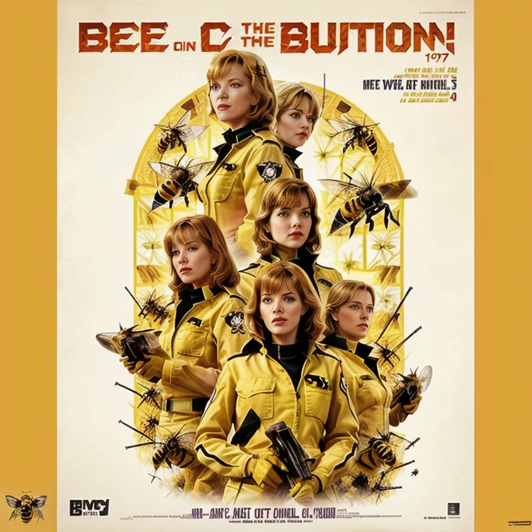 a poster for Intrusion of the 蜂 girls, John Maggs, Art by Roy Dalgarno, based on bumble蜂, 1 9 7 0 SFmovie, movie, Intrusion, Album cover, A bikini-clad American woman stands in front, [ movieのような, music Album cover, made of Bees, movieアートワーク, Official artwork, Bees, crimson - 女 army behind, 1 9 7 0 s film, レトロSFmovie