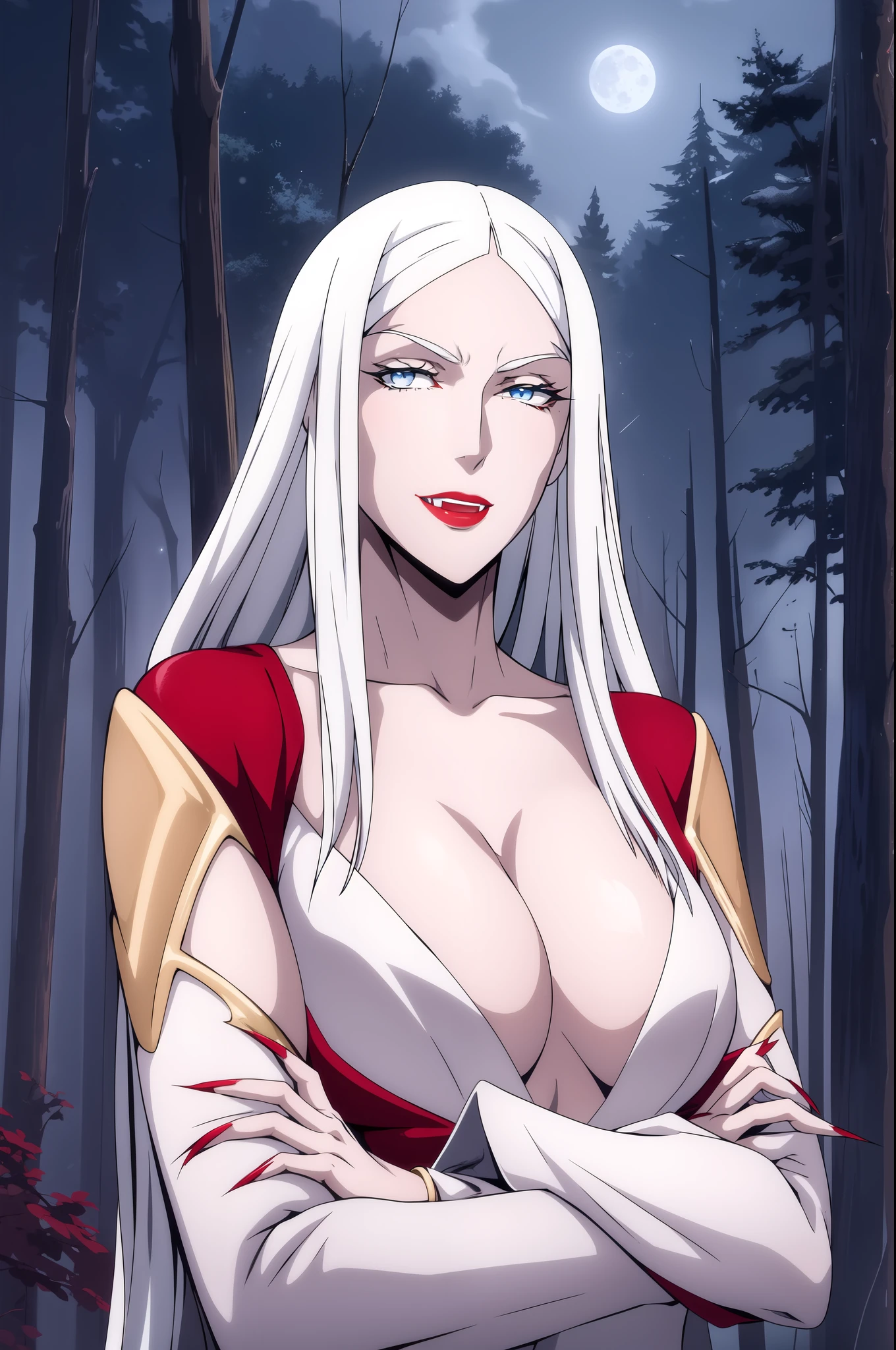 carmilla medium breasts, white hair, beautiful face, blue eyes, red lipstick, (masterpiece:1.2), best quality, absurdres, highres, extremely detailed wallpaper, perfect lighting, fangs, fangs, modern casual clothes, jeans, white sweater, outdoor, starry sky, full moon, moonlit, waterfall, forest, white fog, scared, afraid, looking around