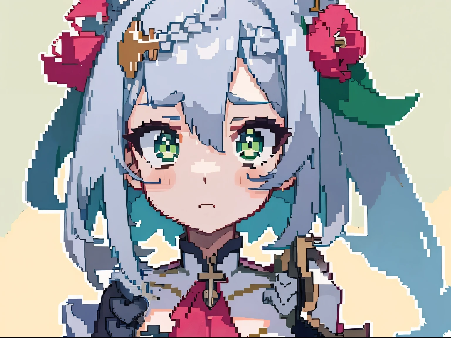 masterpiece, high quality, hcnone, pixel art, 1girl, noelle genshin impact, silver hair, green eyes, simple gold color background