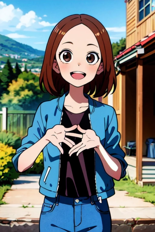 chii, 1girl, solo, brown hair, parted bangs, , forehead, brown eyes, blush, smile, open mouth, black shirt, jeans, looking at viewer, short sleeves, sunlight, outdoors, jacket,, (masterpiece:1.2), best quality, high resolution, unity 8k wallpaper, (illustration:0.8), extremely detailed face, perfect lighting, extremely detailed CG, (perfect hands, perfect anatomy), (masterpiece, best_quality, ultra-detailed, immaculate:1.3), epic, illustration, render,
