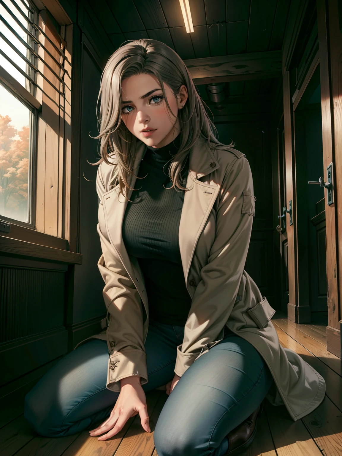 (Suspense Scene ((Concept Art)), Highly detailed image of a girl in jeans and a brown coat and boots), (Better lighting, Better Shadows, Very delicate and scary), (digital illustration), ((4K Painting)), [(Dynamic Angle,((One girl)),Gray Hair, (Beautiful Face, Perfect Face, Scared,) Expressions of fear, Torn clothes, Holding a gun in your hand, Sitting on the floor, darkness, Scary House),  [:(dark, Mysterious, Game Paint, An ominous setting, Jagged Hallway, Big House, Deathly Silence):]