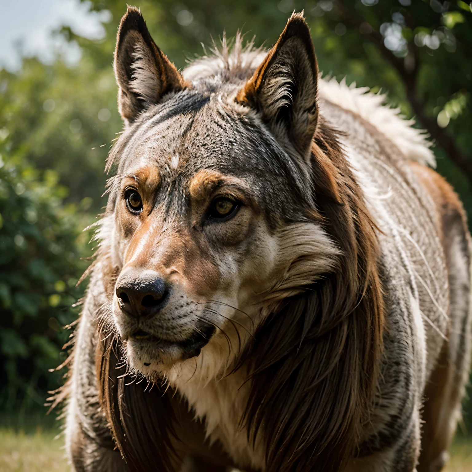 Media cara de un lobo combinada con media cara de un caballo 
