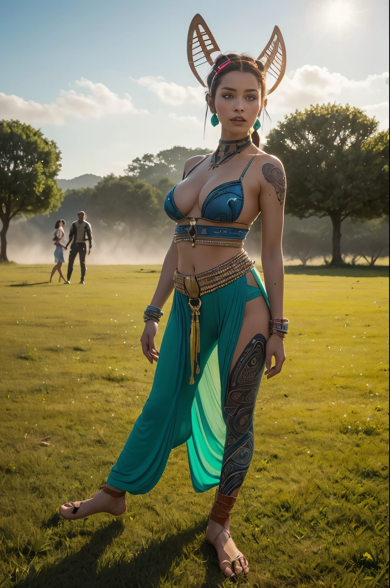 (60s star trek)(best quality,4k,8k,highres,masterpiece:1.2),ultra-detailed,(realistic,photorealistic,photo-realistic:1.37),full body portrait of beautiful alien (light green skin, small cute antenna) native tribal woman in alien primitive village,(embracing captain James T. Kirk of the USS Enterprise, she is asking him to teach her what love is)(ornate beaded head piece, colorful tribal belt, unclad, some tribal tattooing and phosphorescent body paint, confidence, big natural breast), backed up by (several women, varied prettiness, varied bust size, varied height and weight, varied bust size, less ornately dressed (they back up dance and play alien musical instruments) (vivid colors, outdoors, green pastures). (head to toe, show all of her) (safe for work, 1960s television sensibility)