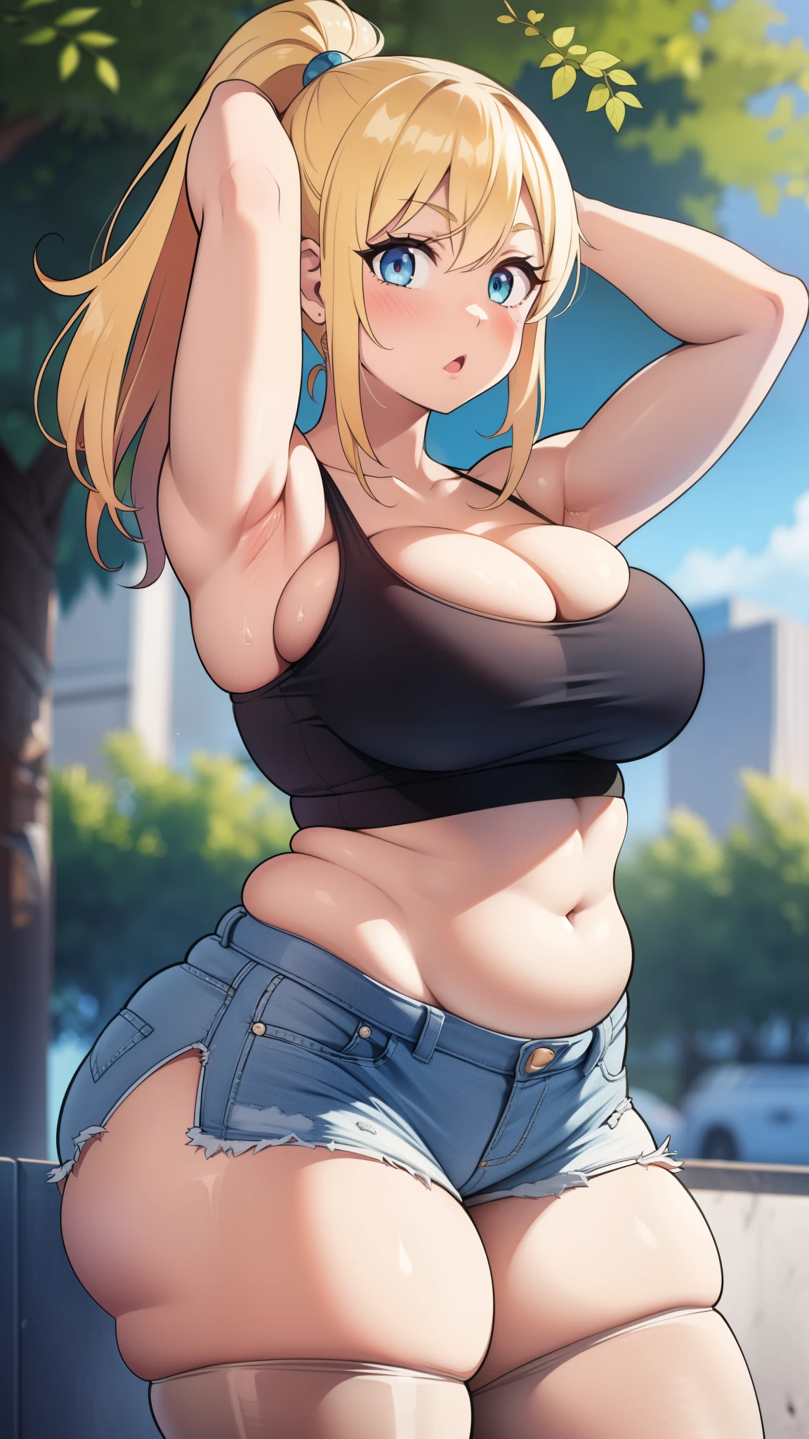 ((highres)), Masterpiece, high quality, best quality, beautiful, perfect lighting, detailed face, ultra cute face, cowboy shot, ((1girl)), ((solo)),
long hair, fluffy hair, blonde hair, blue eyes, ((blush)), embarrassed, nervous, shy, looking at viewer, arms behind head, stretching pose, tank top, shorts, (thick thighs), (wide hips), (chubby), (chubby belly), cleavage, ((large breasts)),
20 year old female, standing in a park, (park), daytime,