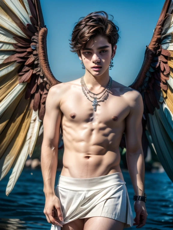 (Masterpiece: 1.3), (Best Quality: 1.2), 8K, hypersexual hyperdetailed gay erotic photograph, (Very Detail: 1.3), Best, (1 Boy: 1.2), not muscular, 18 year old shirtless twink boy model, nude, Masterpiece, Best Quality, Raw Photography, Photorealistic skinny angel with black wings, ((shirtless)), very short undercut hairstyle, (best quality: 1.5), (Masterpiece: 1.5), (very high detailed: 1.4), (beautiful boy: 1.5), 1boy, very beautiful white boy, ((19 years old)), ((full-length)), light blonde hair, big blue eyes, seductive eyes, bright, red blush, (shy face: 1.4), shell necklace, white shirt, (short skirt: 1.5), ((smooth face)), 