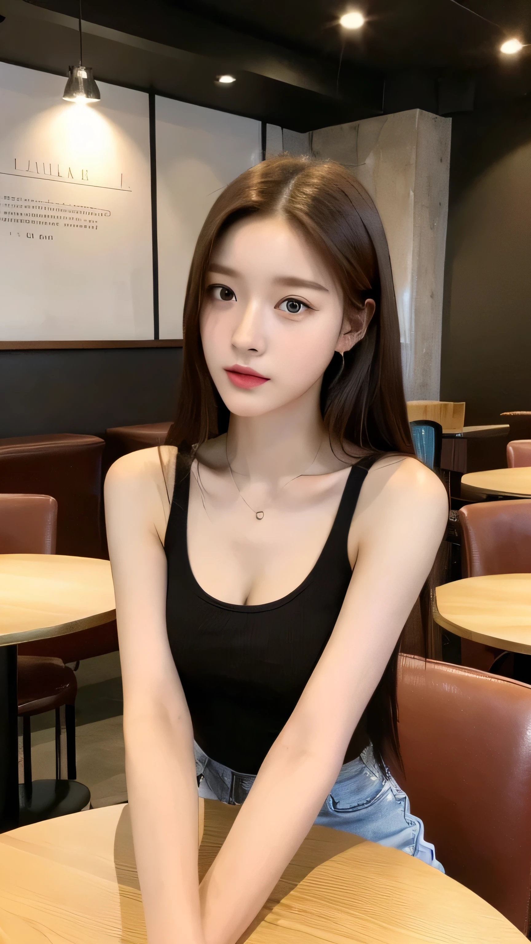 (Realistic, High resolution:1.3), 1 girl with perfect figure, super fine face and eyes, long hair, tank top: 1.2 in random colors, short jeans, in a café, coffee on the table,