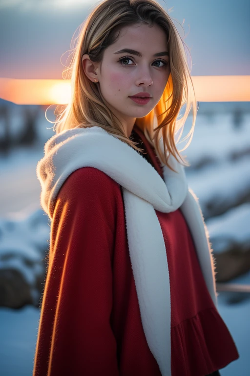 fotografia profissional de uma linda garota norueguesa em roupas de inverno com cabelos loiros longos e ondulados, olhar sensual e sedutor, sardas, beautiful symmetrical face, linda maquiagem natural, vestindo roupas elegantes e quentes de inverno, parado do lado de fora na rua nevada da cidade