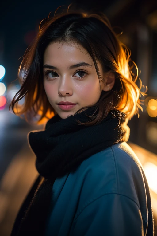 fotografia profissional de uma linda garota norueguesa em roupas de inverno com cabelos loiros longos e ondulados, olhar sensual e sedutor, sardas, beautiful symmetrical face, linda maquiagem natural, vestindo roupas elegantes e quentes de inverno, parado do lado de fora na rua nevada da cidade