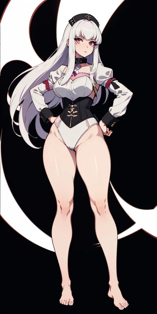 (Black background, masterpiece, best quality, full body, 1solo full body standing straight symmetrical looking to the viewer, female, pinched eyes:1.2) (Lysithea von Ordelia) nurse uniform, hands on hips, wide hips, full body, whole body bodybuilder, long sleeves, from below, far shot, showing ass, leather black collar, pauldrons, corset, 2 barefoot together but not crossing