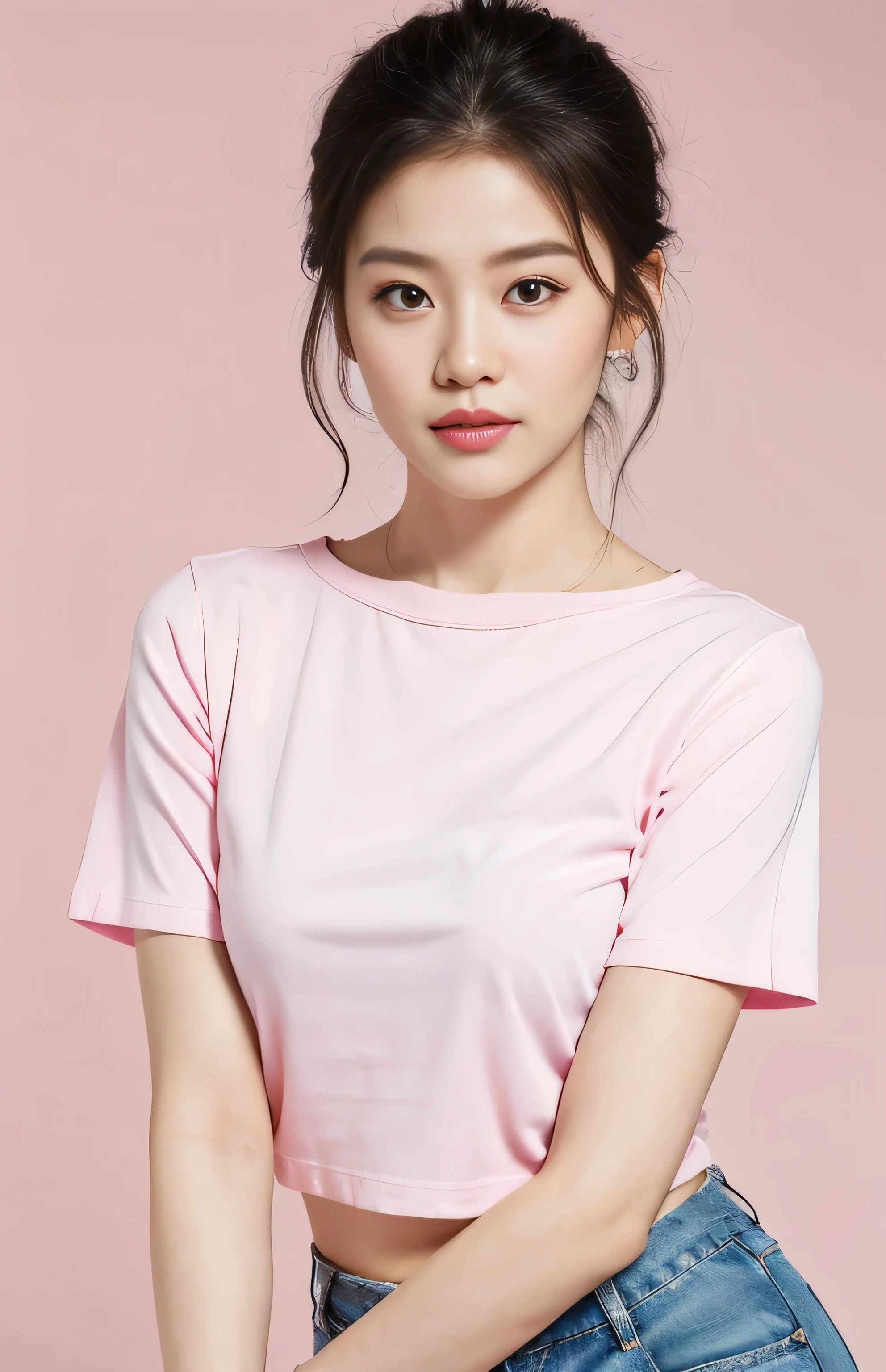 Best quality,masterpiece,ultra high res,(photorealistic:1.4),1girl, White short-sleeved T-shirt, in studio, pastel pink background,