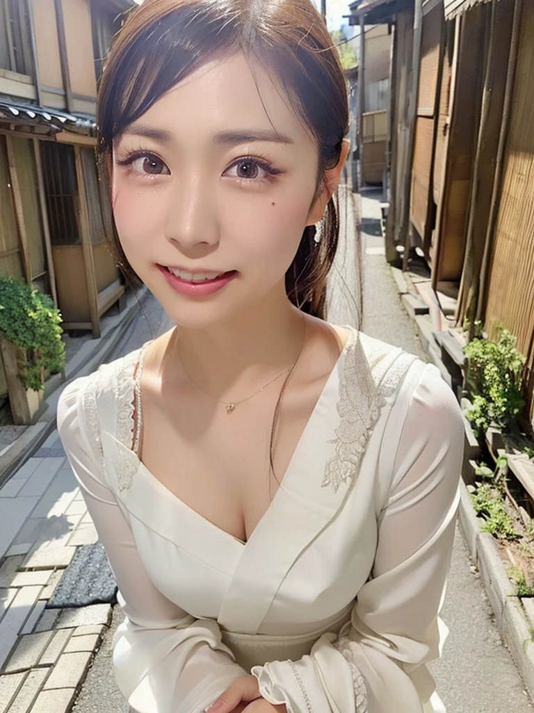 ((Top Quality)), ((8K)), ((Masterpiece: 1.3)), (Perfect Appearance), (Photorealism: 1.6), (Japanese woman standing in an old Japanese townscape: 1.6), (Kyoto), (clear background), japanese woman, (48 years old), ((Standing upright, facing forward, center of screen)), ((Realistic skin texture)), (Fine wrinkles throughout the skin: 1.3), (Dull skin: 1.1), (Skin without moisture: 1.2) , (Wrinkles on the face: 0.9), (Wrinkles on the corners of the eyes: 1.2), Double eyelids, tear bags on the lower eyelids, (Crying moles: 0.9), The eyes are looking here, serious gaze, (Dimples: 1.2), smile with the corners of the mouth raised wide, straight medium length, soft fabric blouse, (through white blouse: 1.3), (Plump and glamorous body), (wide sleeves), (Cuffs that fit your wrist), (The hem of the blouse is tucked into the skirt: 1.2), flare skirt, high heels, (focus on upper body: 1.3), (low angle: 1.4),
